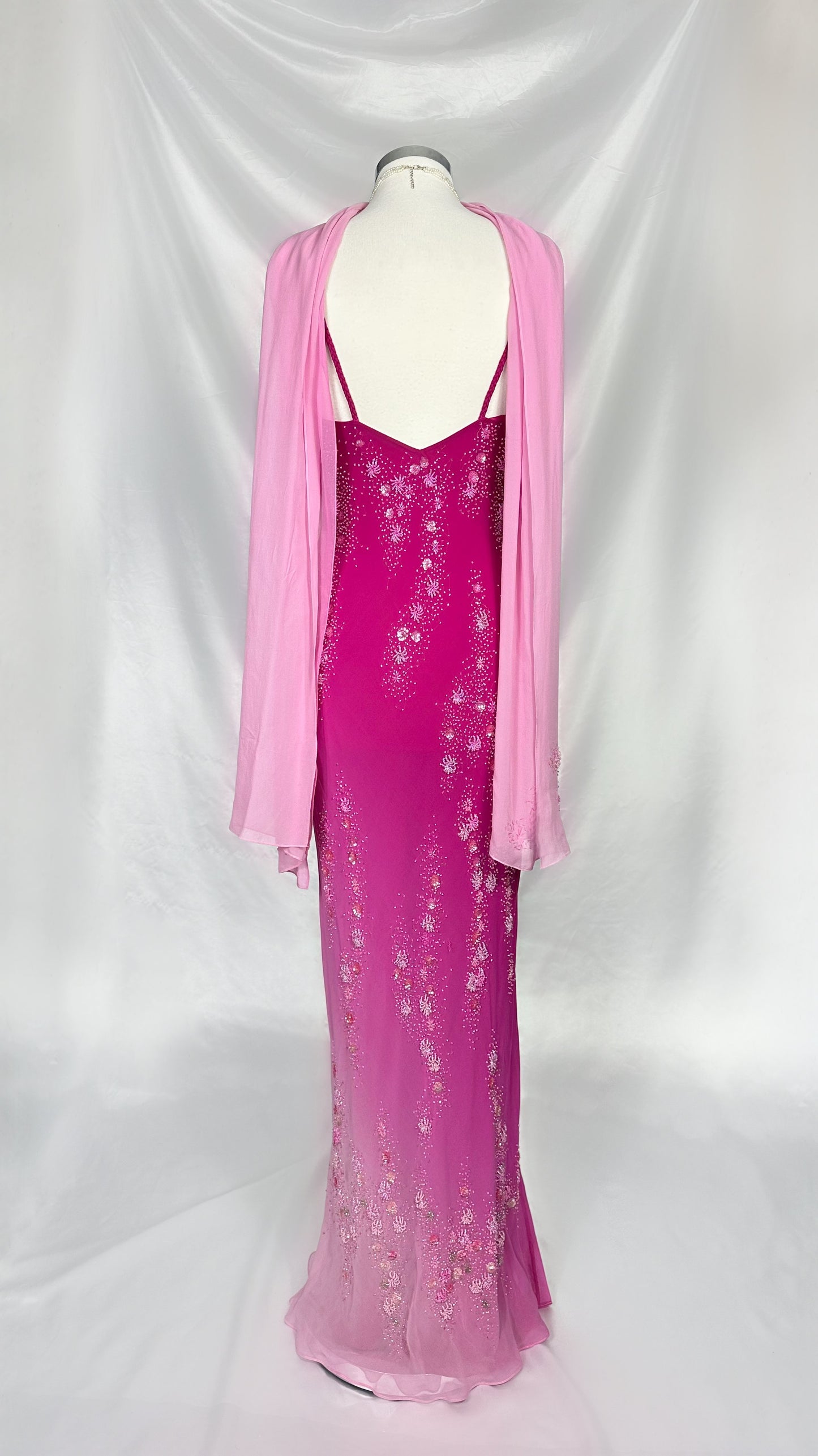 FUCHSIA BLOSSOMS EMBELLISHED SILK GOWN WITH MATCHING SCARF