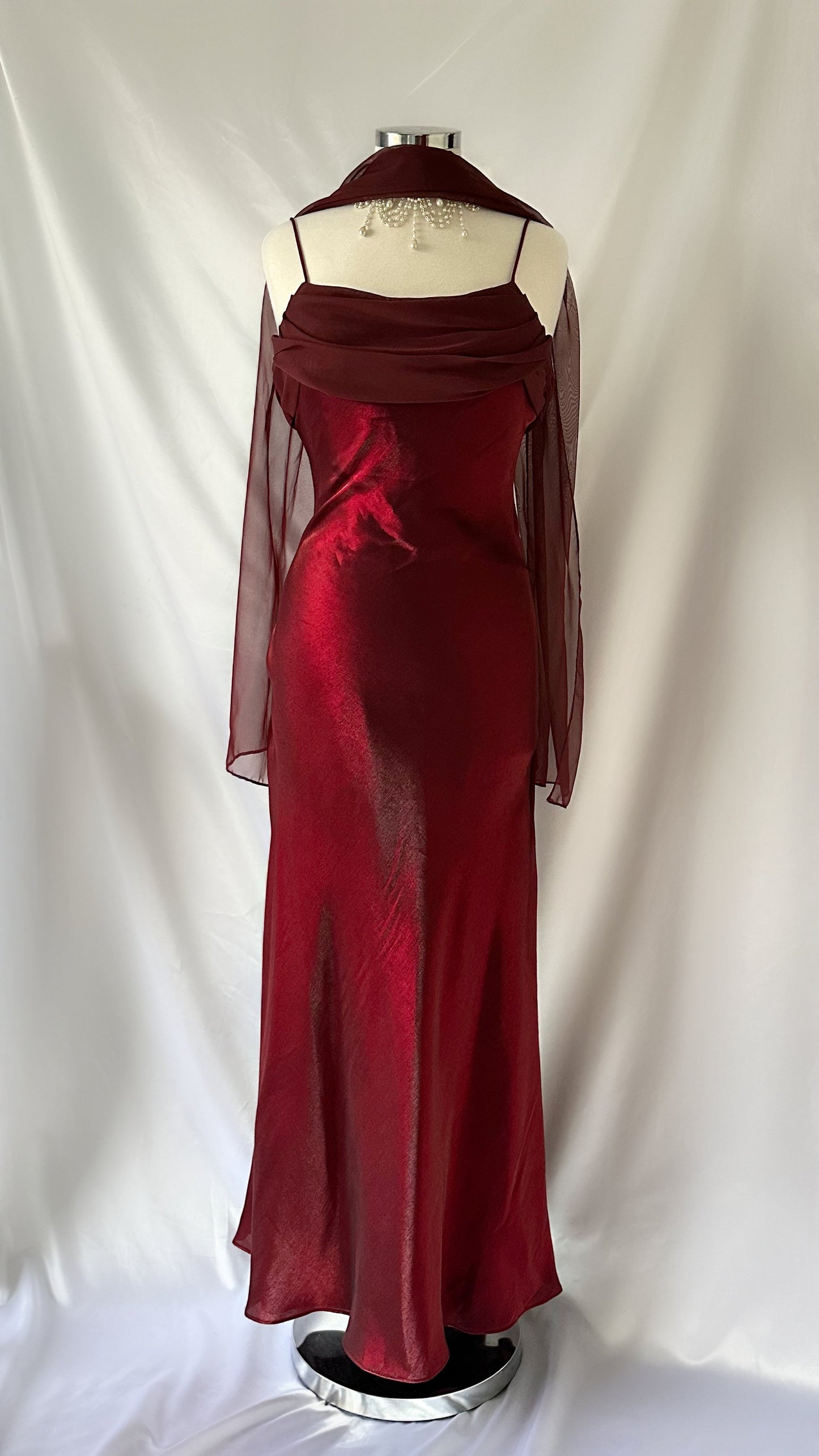Captivating Iridescent Red Wine Cowl Mesh Maxi Dress Set
