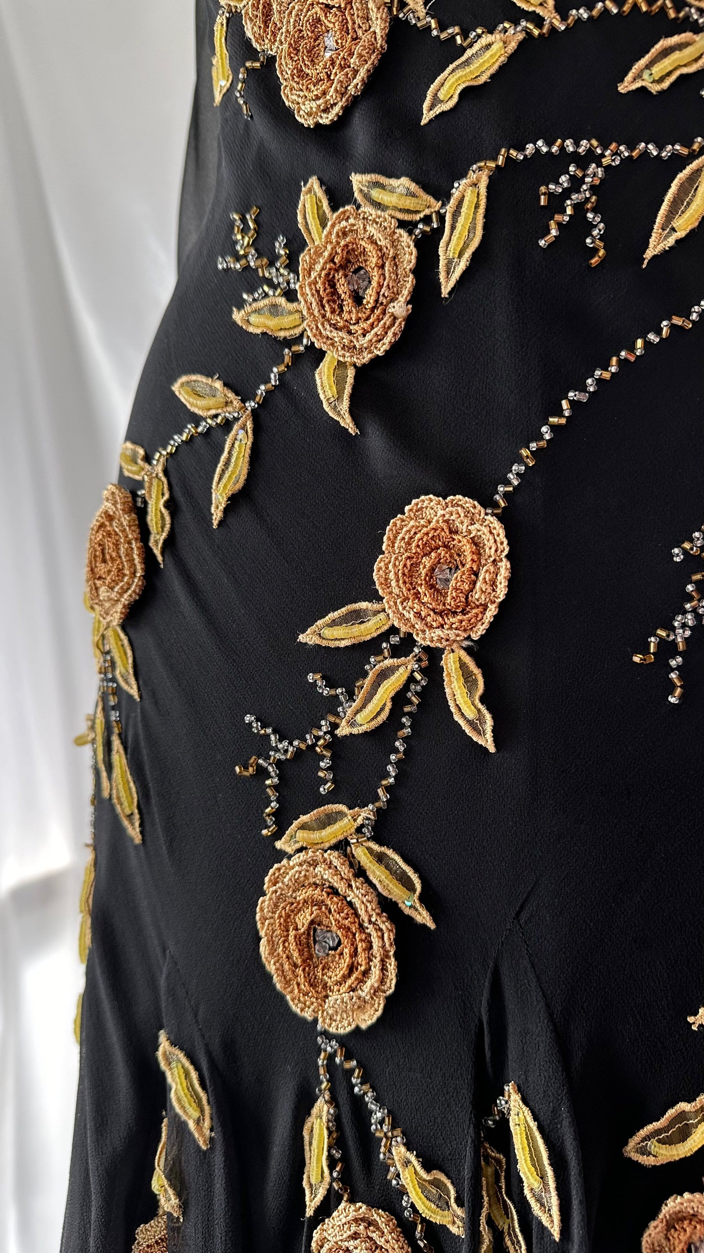 GOLDEN CROCHET ROSE SILK EMBELLISHED MIDI DRESS & SCARF SET