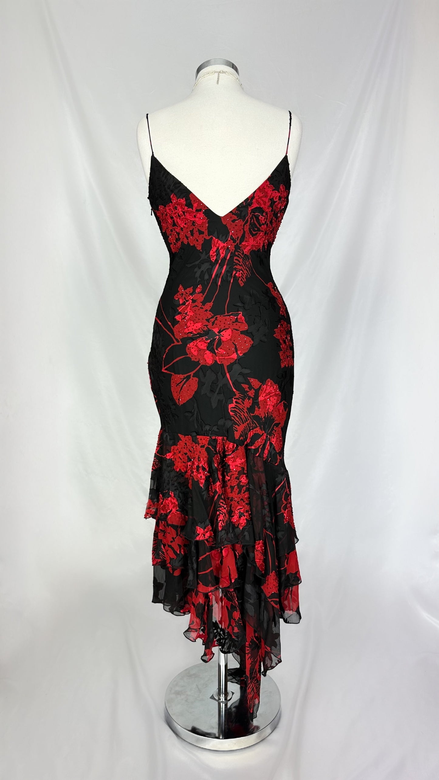 90s RED & BLACK FLORAL EMBELLISHED MIDI DRESS