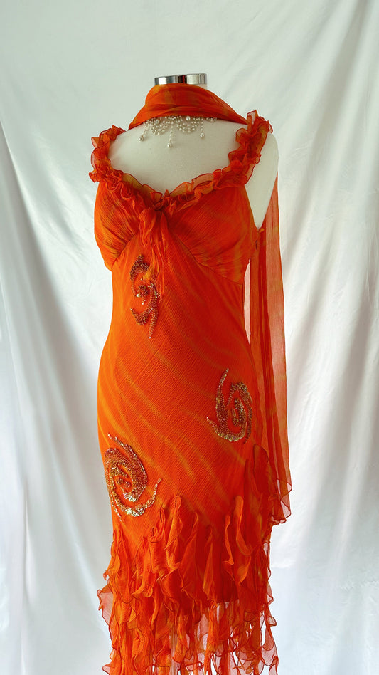 Feiry Flame Orange Silk Embellished Ruffle Dress & Scarf Set