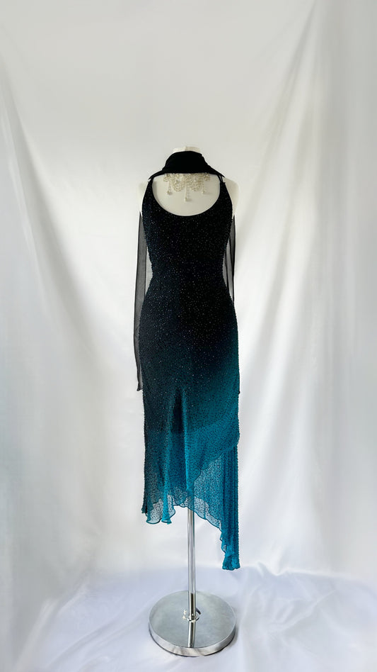 Starry Night Vintage Black & Cyan Blue Embellished Ombré Asymmetrical Midi Dress