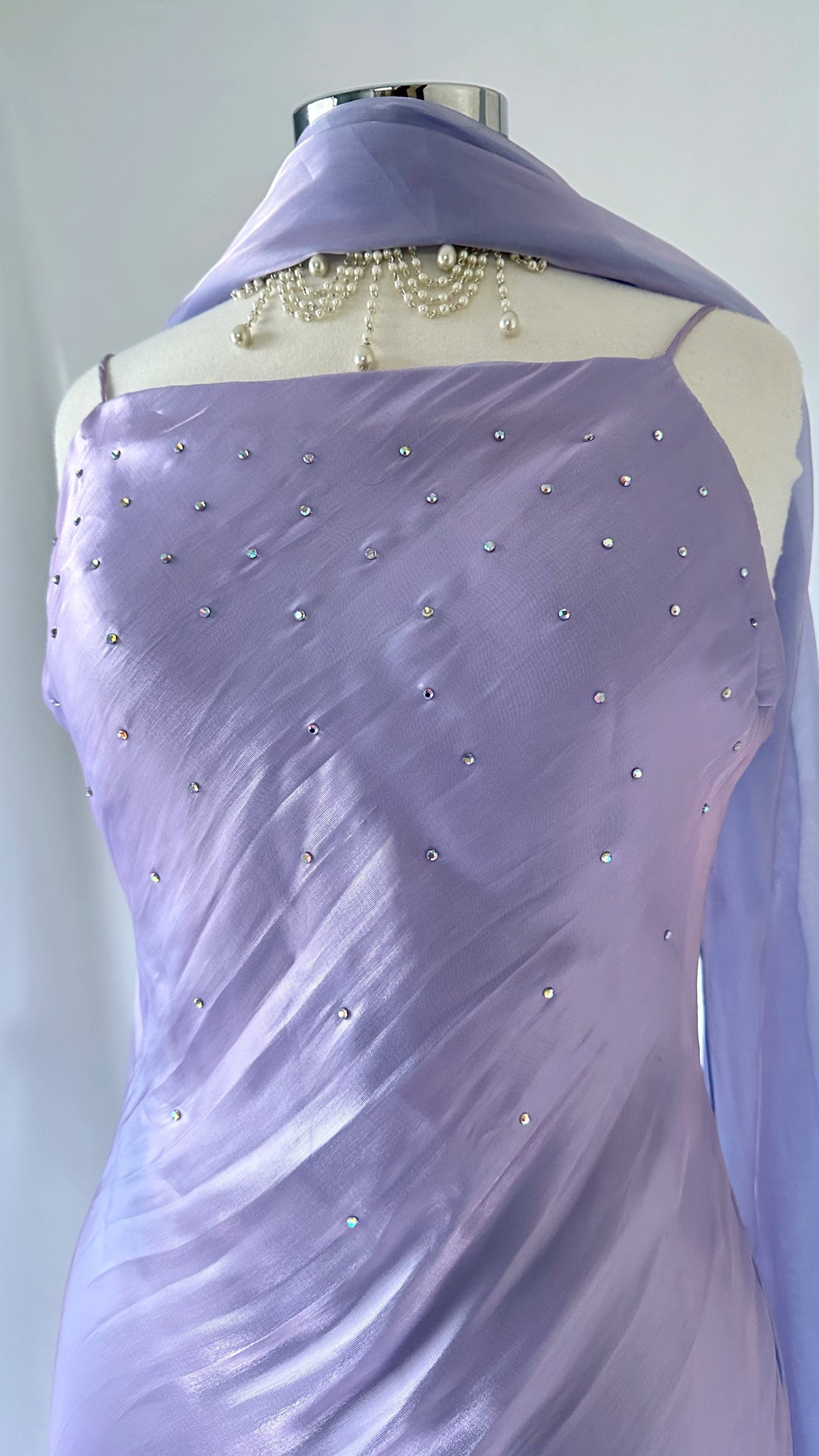 LILAC WATERS IRIDESCENT RHINESTONE BACKLESS GOWN & SCARF SET