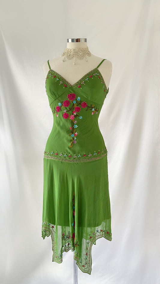 Spring Fairy Delight Vintage Green Silk Embroidered Midi Dress