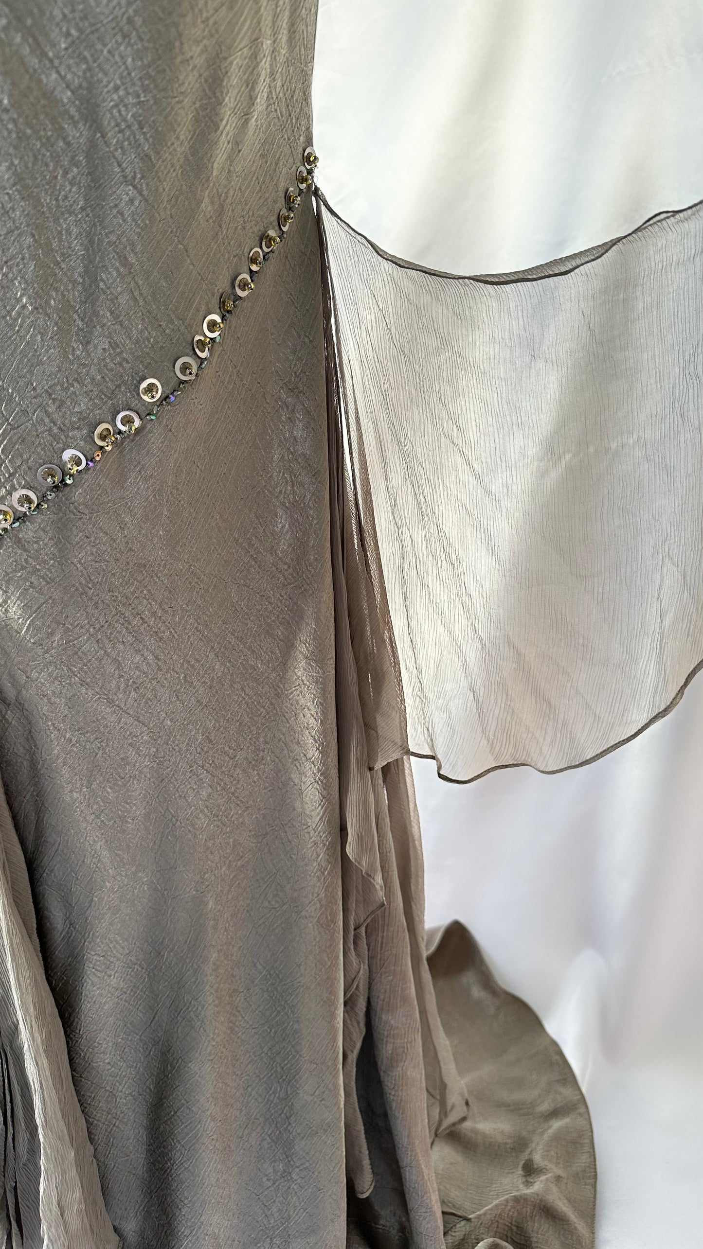 Captivating Vintage 90s Steel Grey Embellished Silk Siren Gown