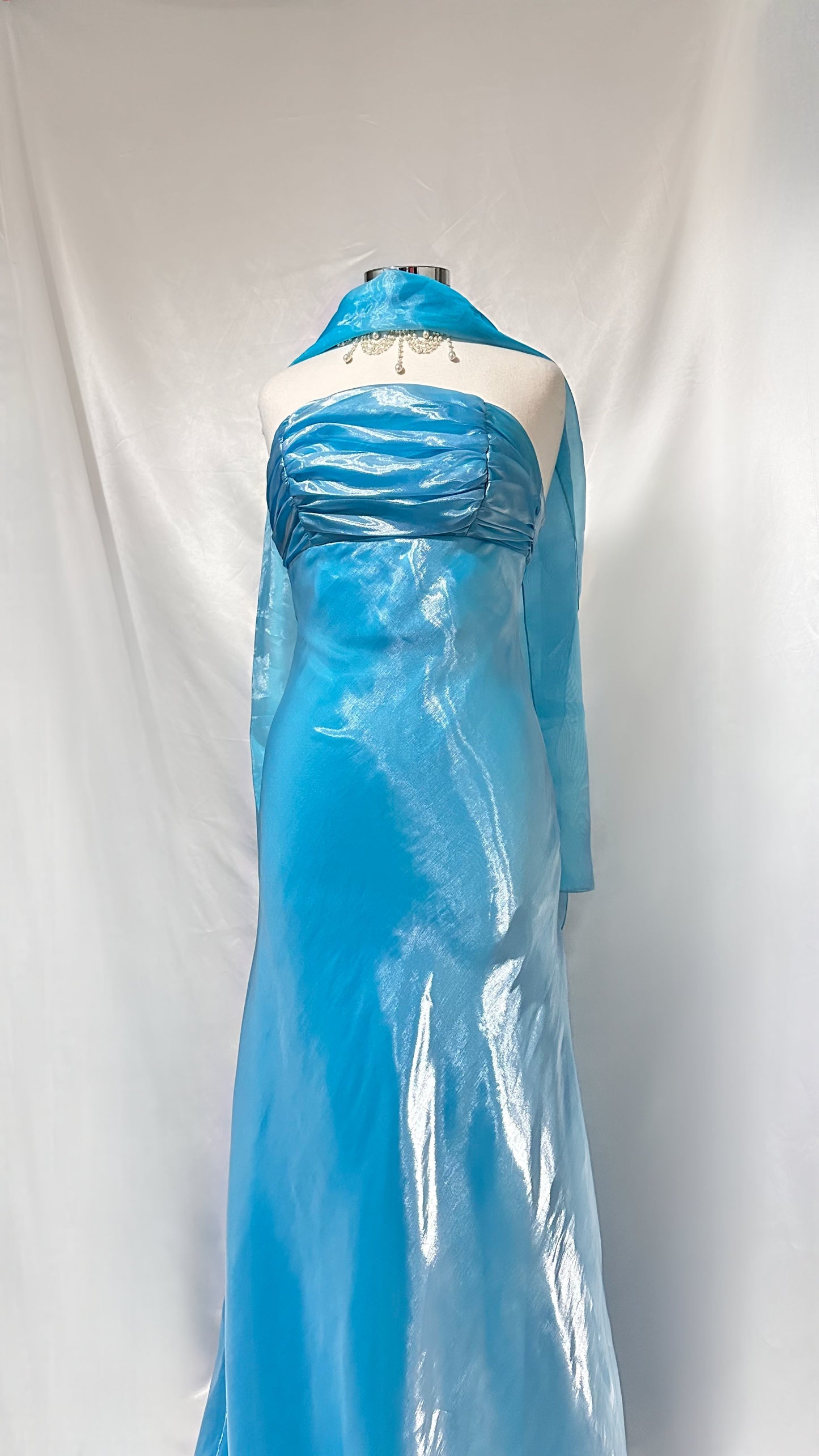 CRYSTAL BLUE WATERS IRIDESCENT STRAPLESS GOWN