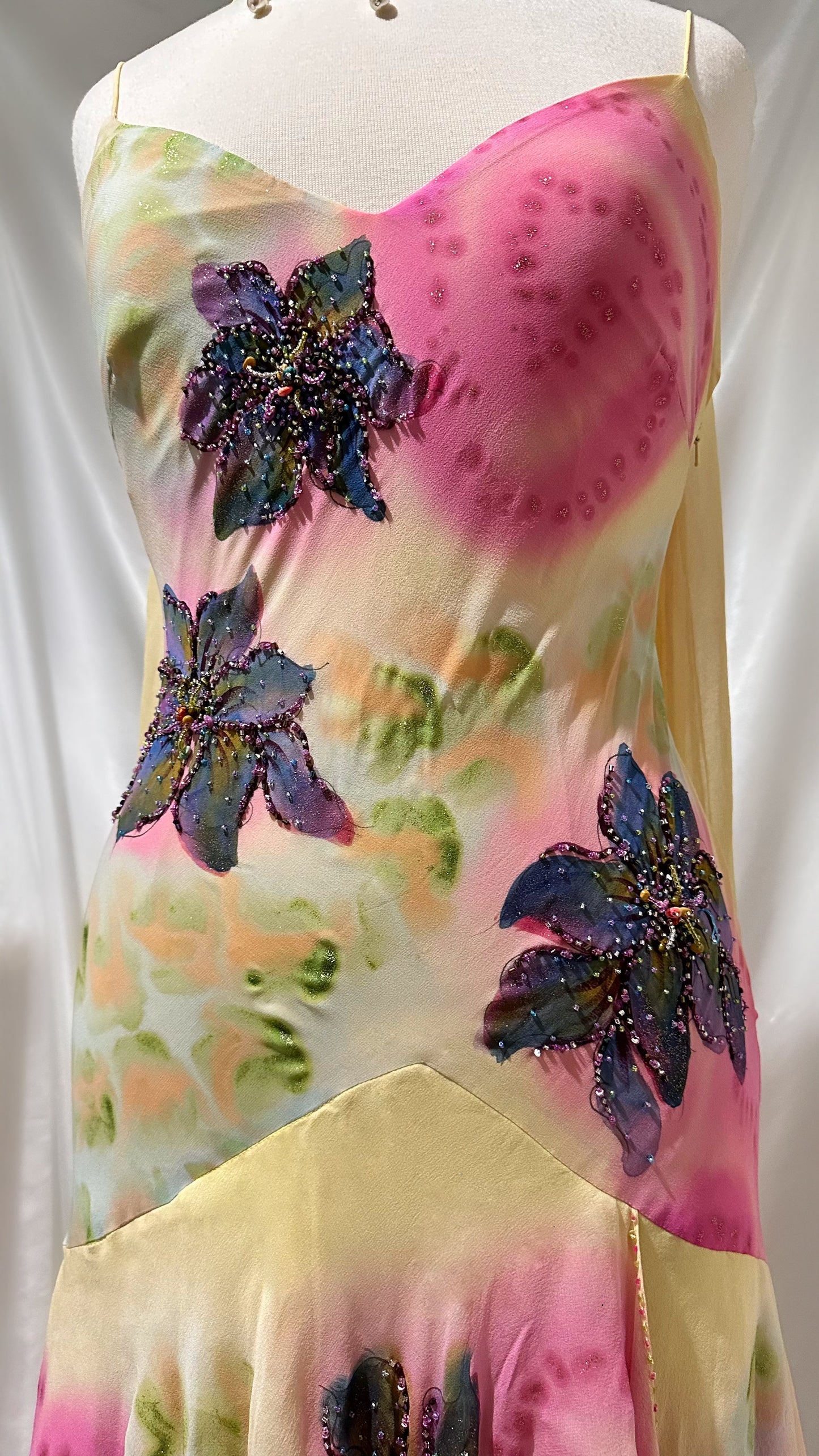 Ethereal 90s Pastel Yellow Floral Silk Gown