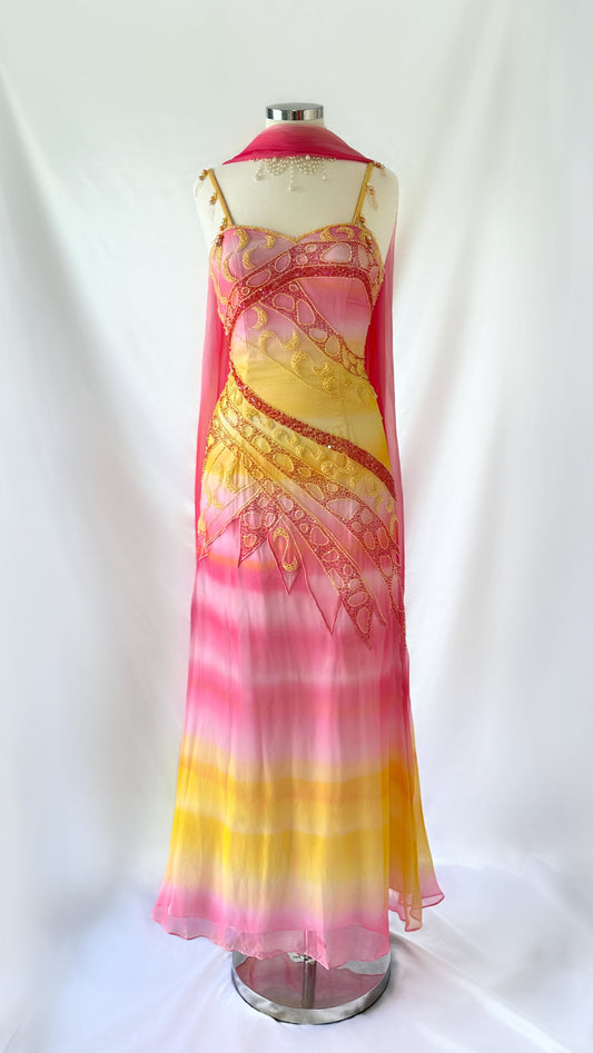 SUNSET SORBET OMBRÉ EMBELLISHED SILK GOWN & SCARF SET