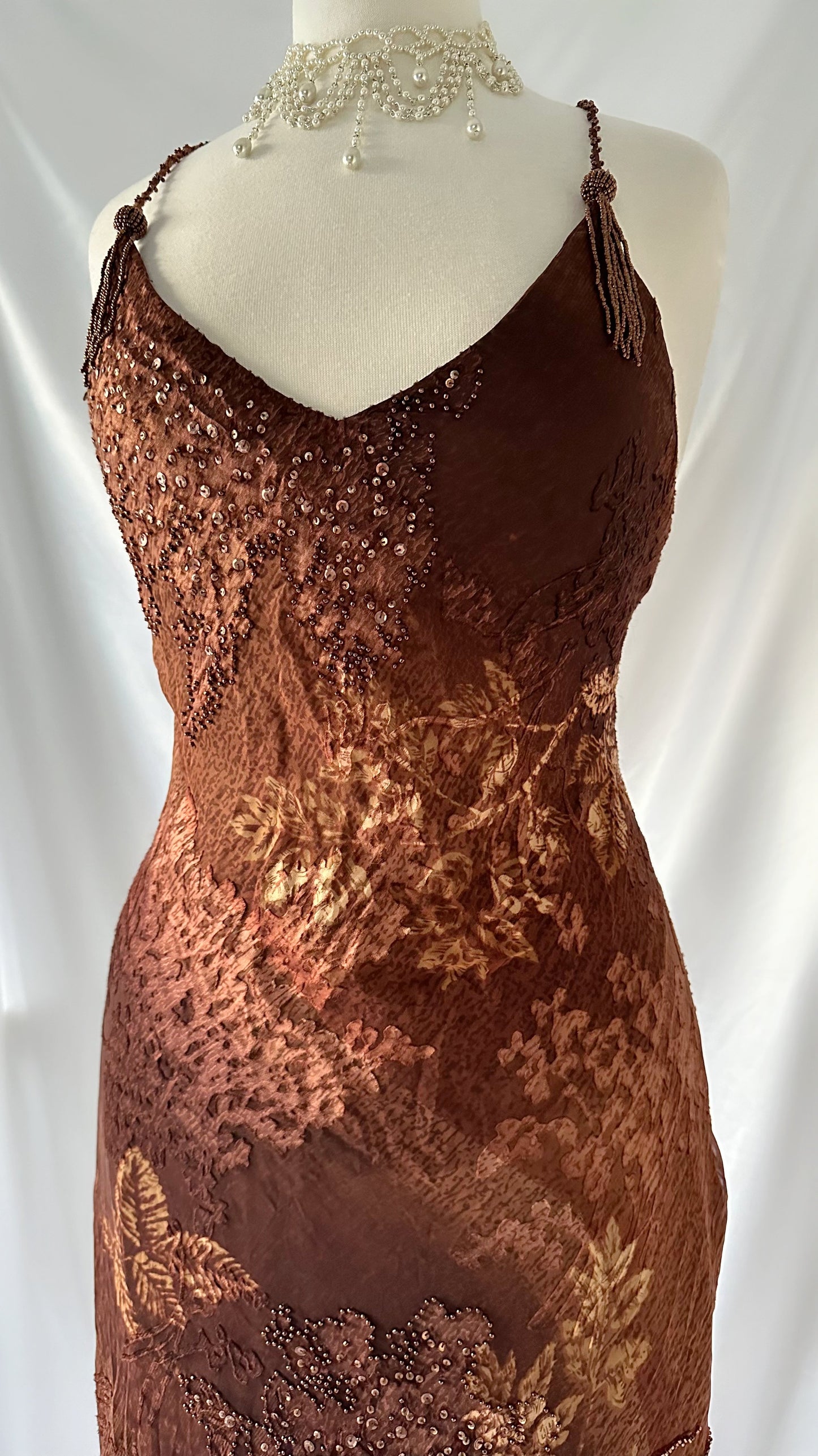 Golden Autumn Leaf 90s Silk Brown & Gold Embellished Backless Gown