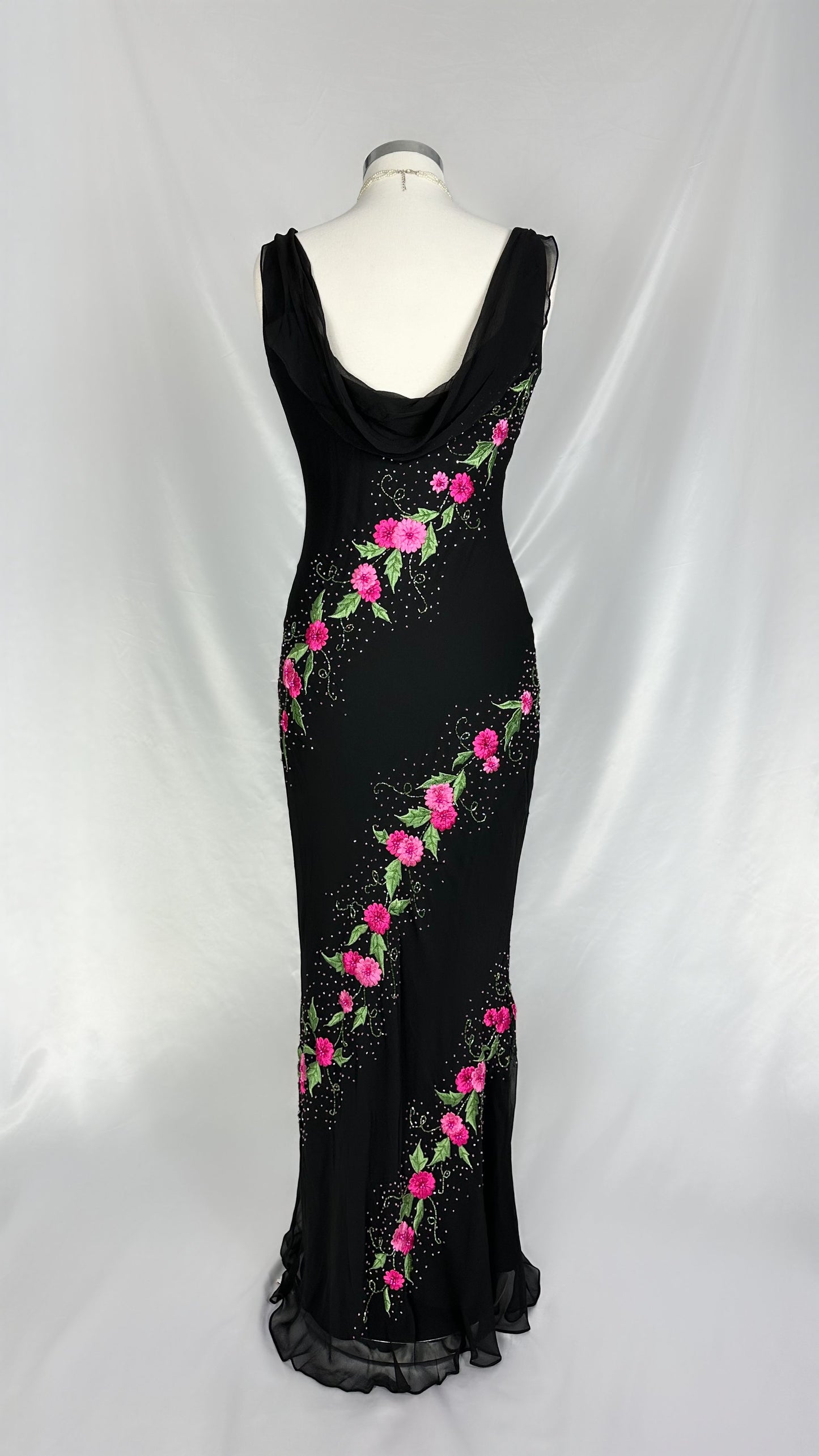 MIDNIGHT ROMANCE FLORAL BLACK SILK GOWN