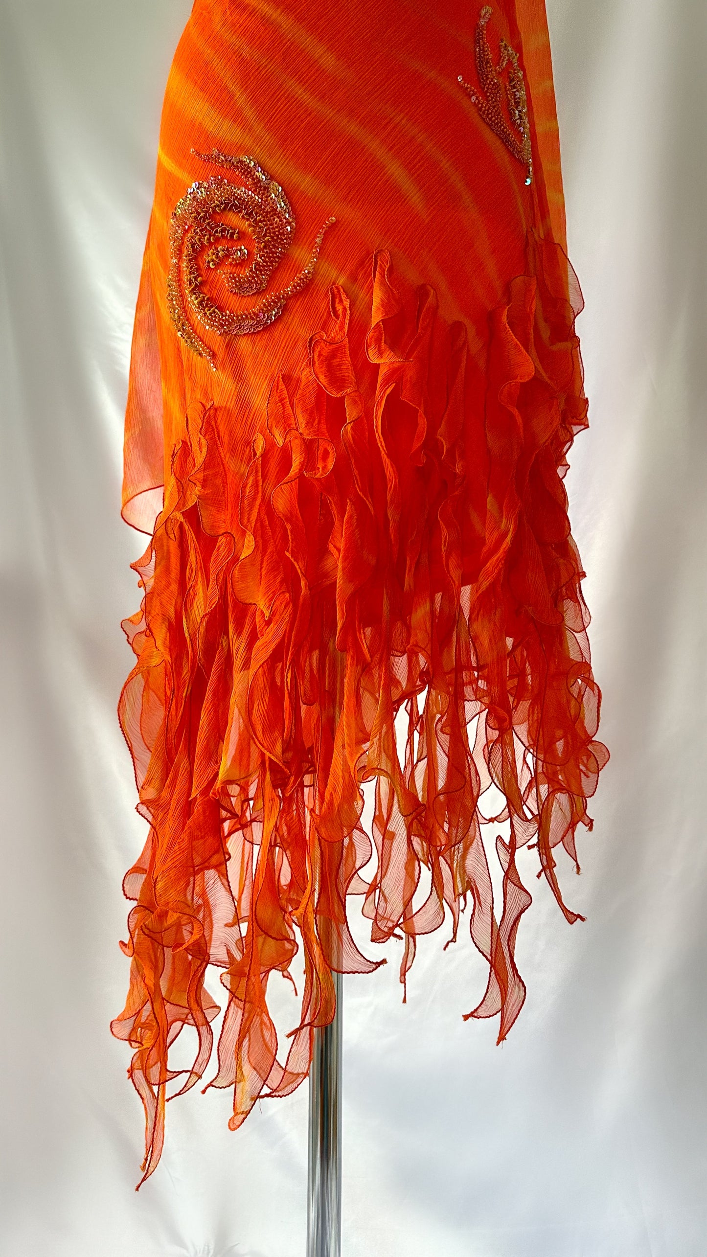 Feiry Flame Orange Silk Embellished Ruffle Dress & Scarf Set