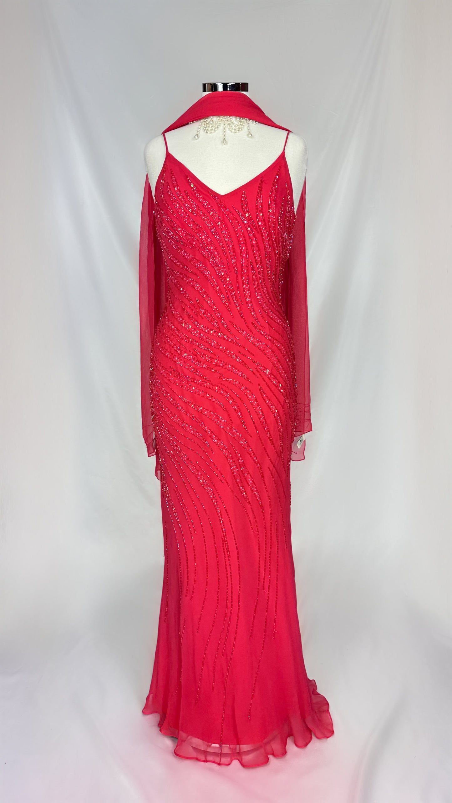 FLAMED ROSE RED EMBELLISHED GOWN & SCARF SEF