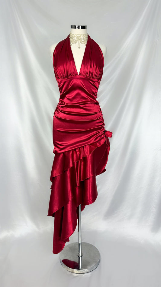 RED RUFFLE TIERED ASYMMETRICAL MIDAXI DRESS