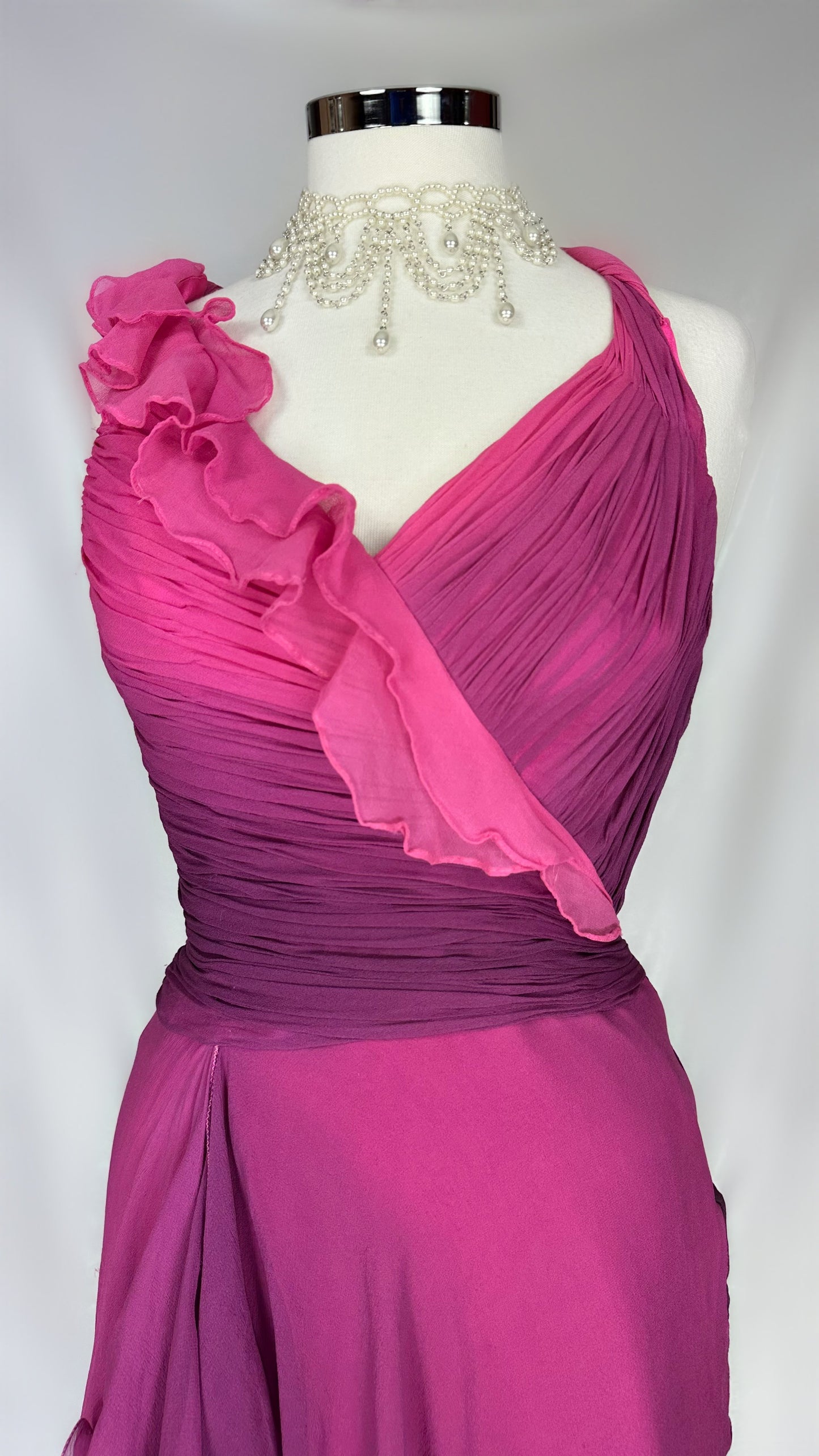 RUCHED RUFFLES PURPLE & PINK SILK MIDI DRESS