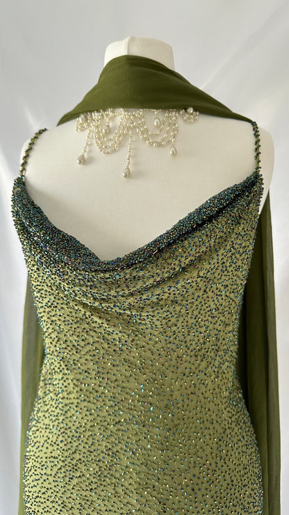 Enchanting Green Silk Highly Embellished Gown with Matching Shawl (S)