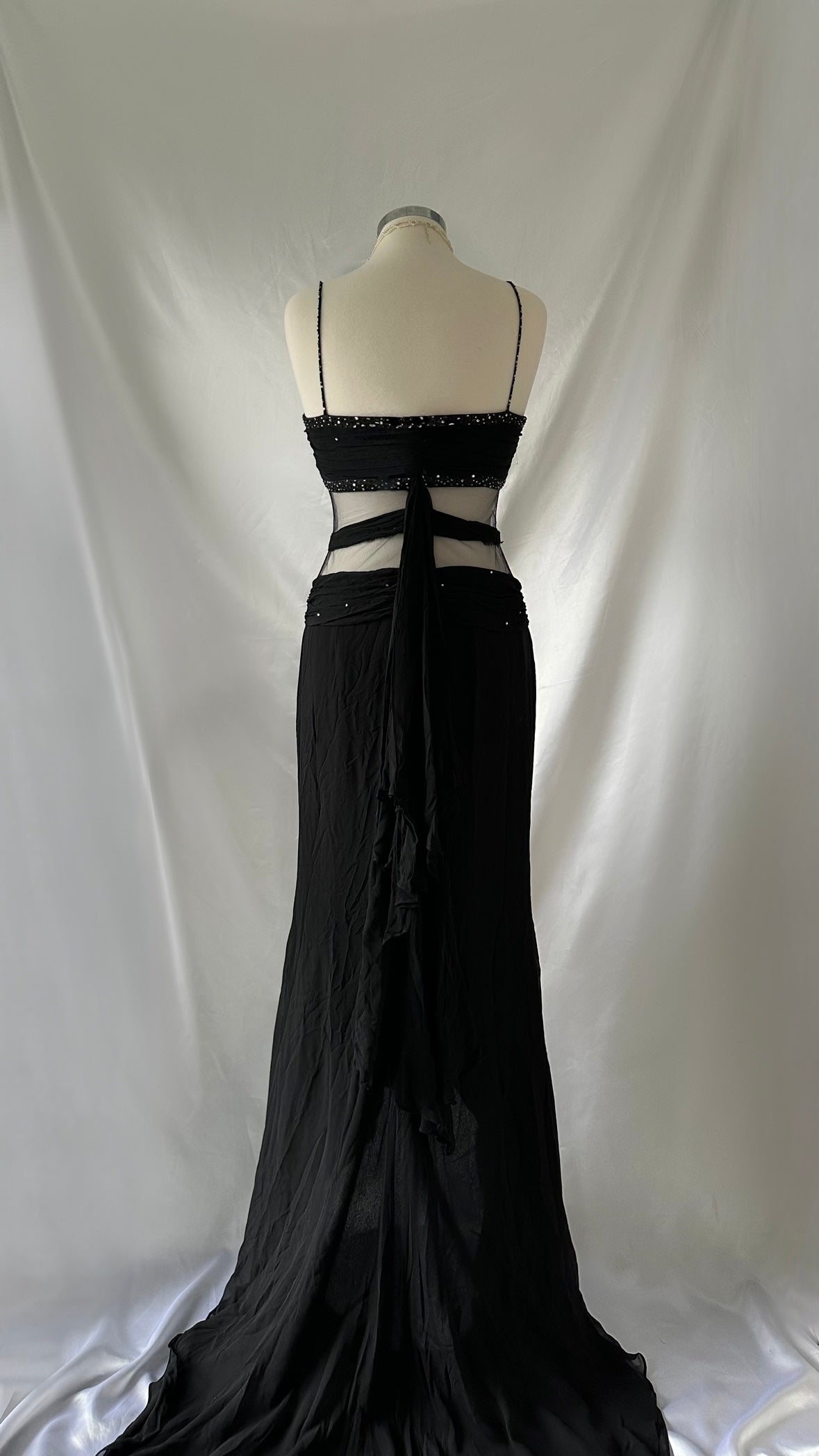 Sultry Vintage Black Silk Embellished Mesh Cut-Out Gown