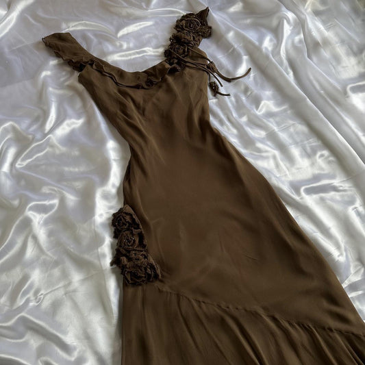 Absolutely Stunning Vintage 00s Brown Silk Ruffle Rose Dress