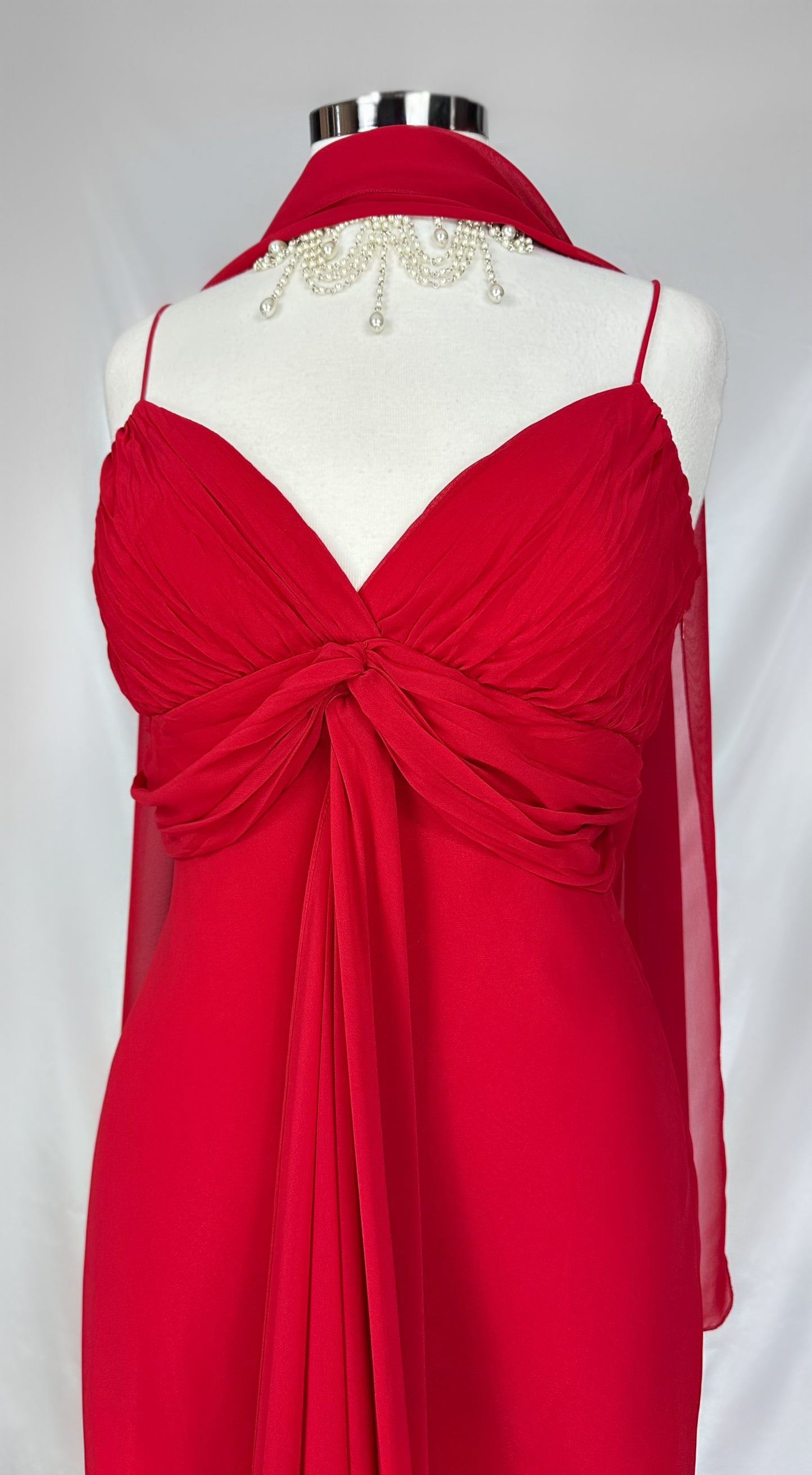 CRIMSON DRAPED BUST MAXI DRESS WITH MATCHING SCARF