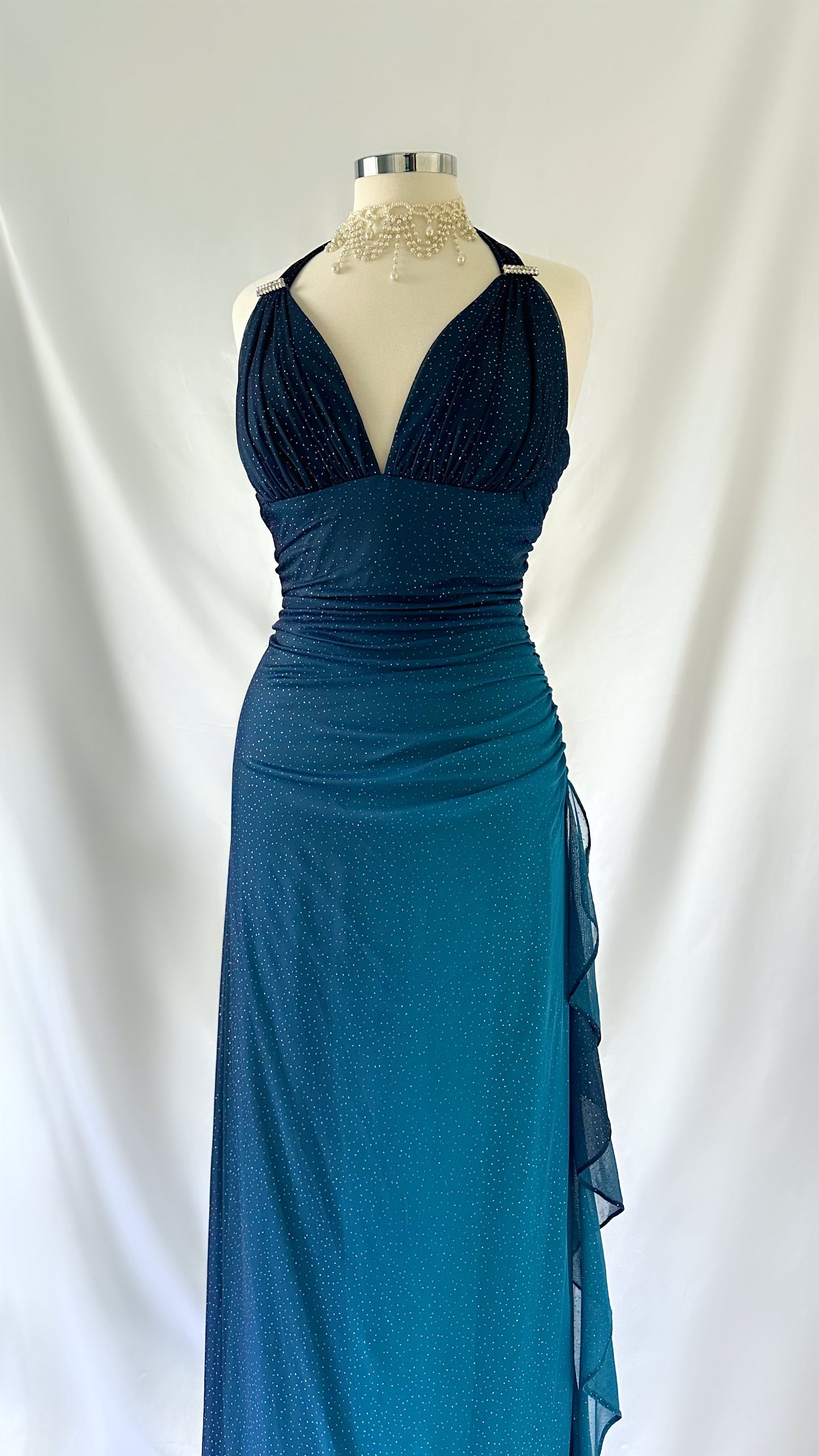 TURQUOISE MIDNIGHT SHIMMER OMBRÉ HALTER GOWN