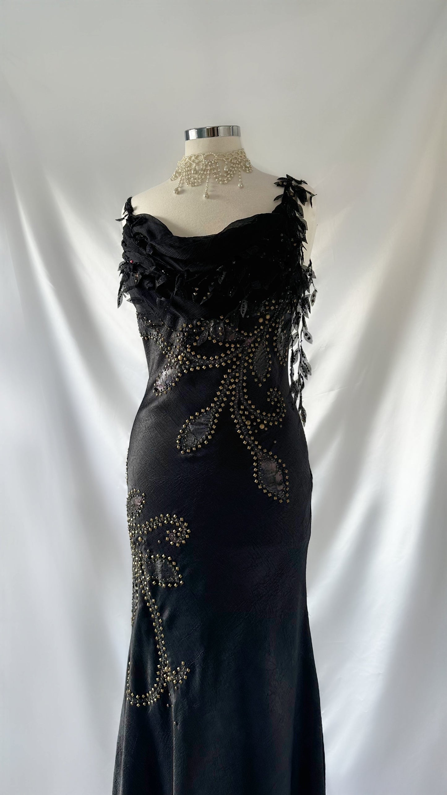 Grunge 90s Vintage Leaf Vine Appliqué Studded Gown