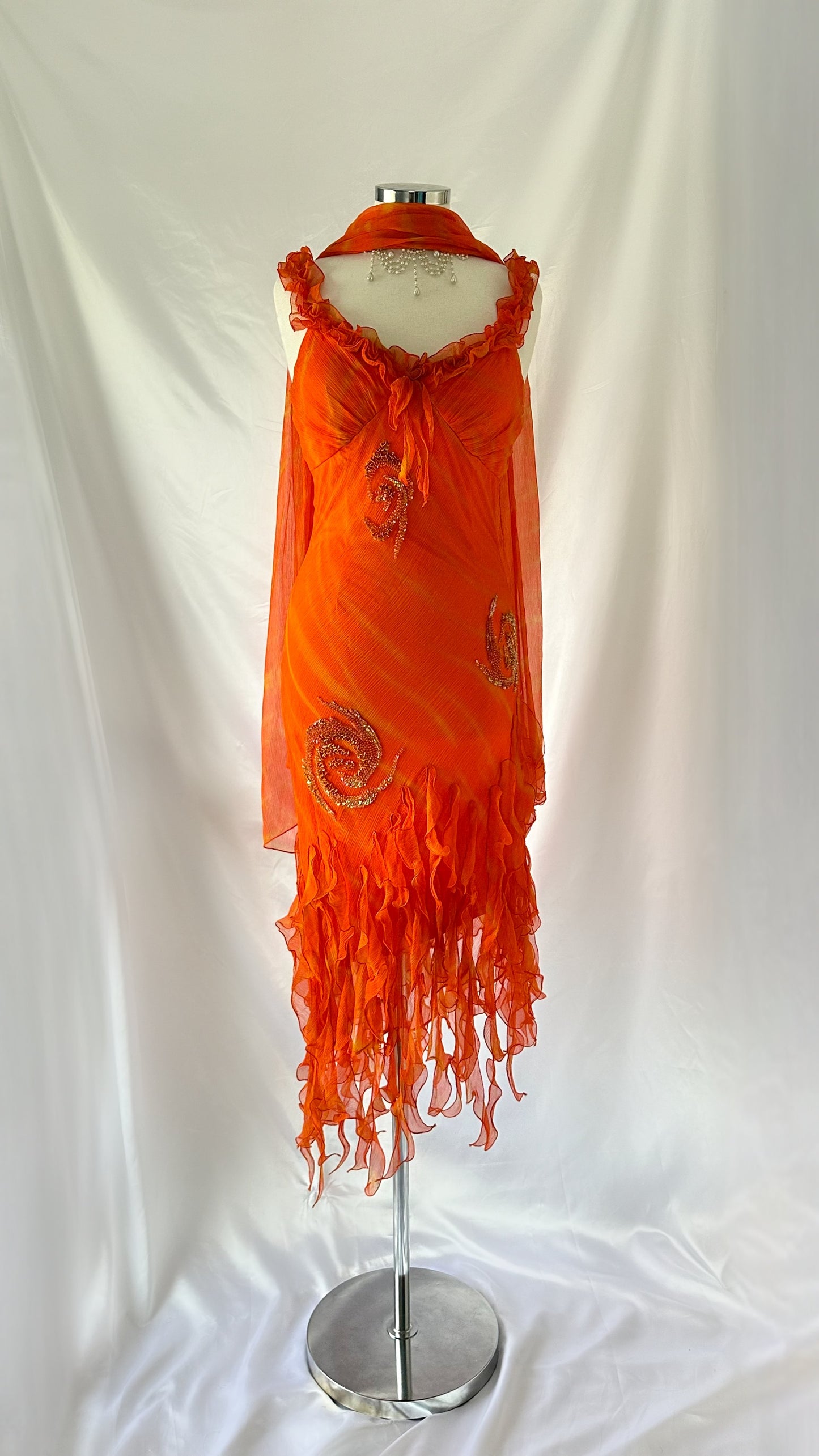 Feiry Flame Orange Silk Embellished Ruffle Dress & Scarf Set