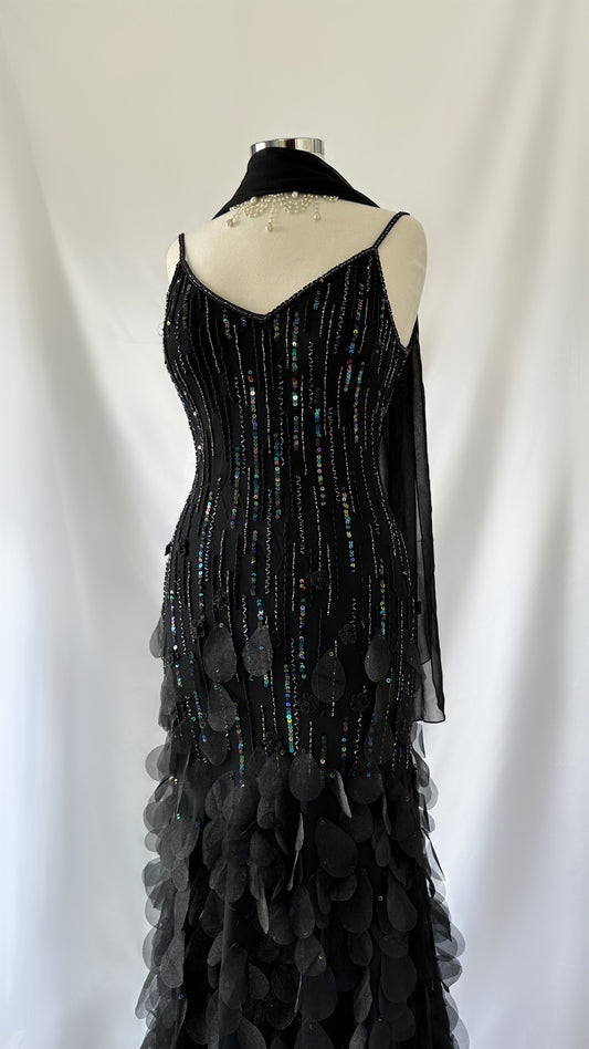 Stunning Vintage Tear Drop Petal Embellished Silk Black Gown
