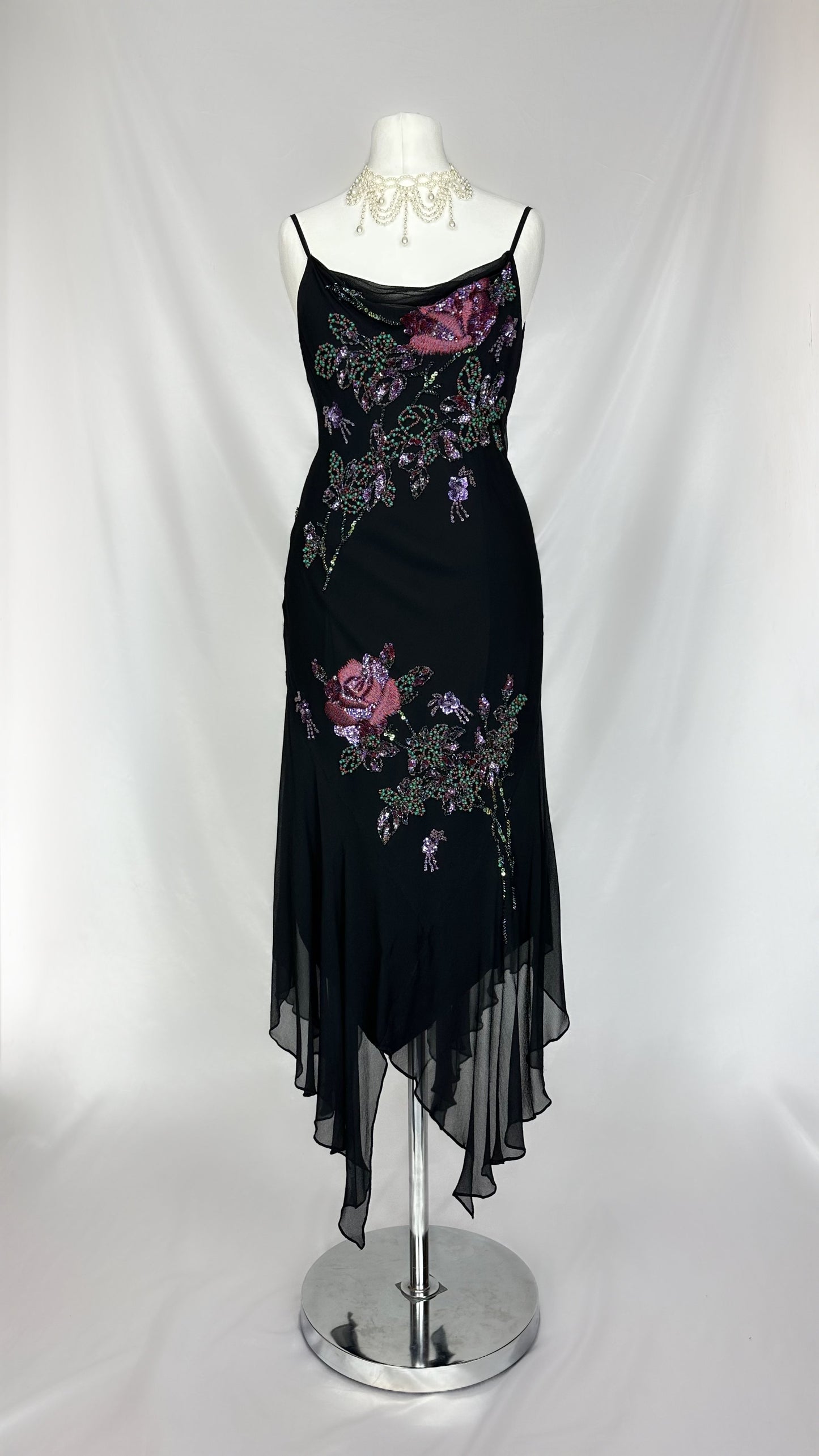 DARK FAIRY FLORAL EMBELLISHED BLACK MIDI SILK DRESS