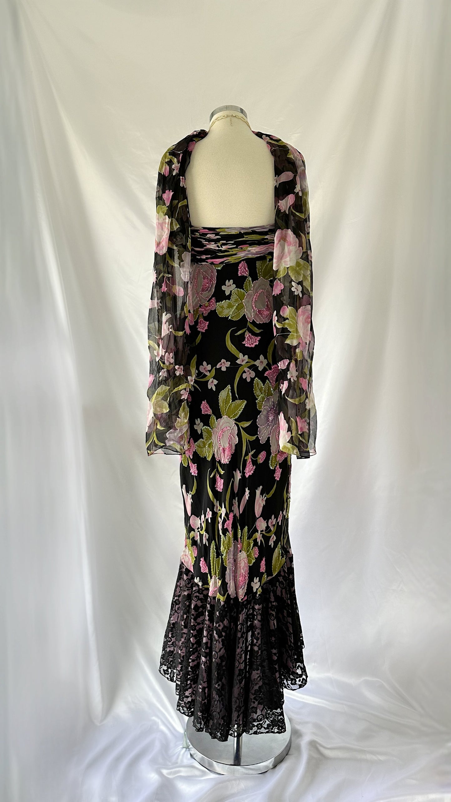 MIDNIGHT GARDENIA EMBELLISHED SILK DRESS & SCARF SET