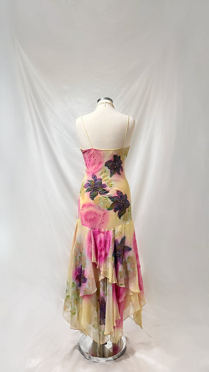 Ethereal 90s Pastel Yellow Floral Silk Gown