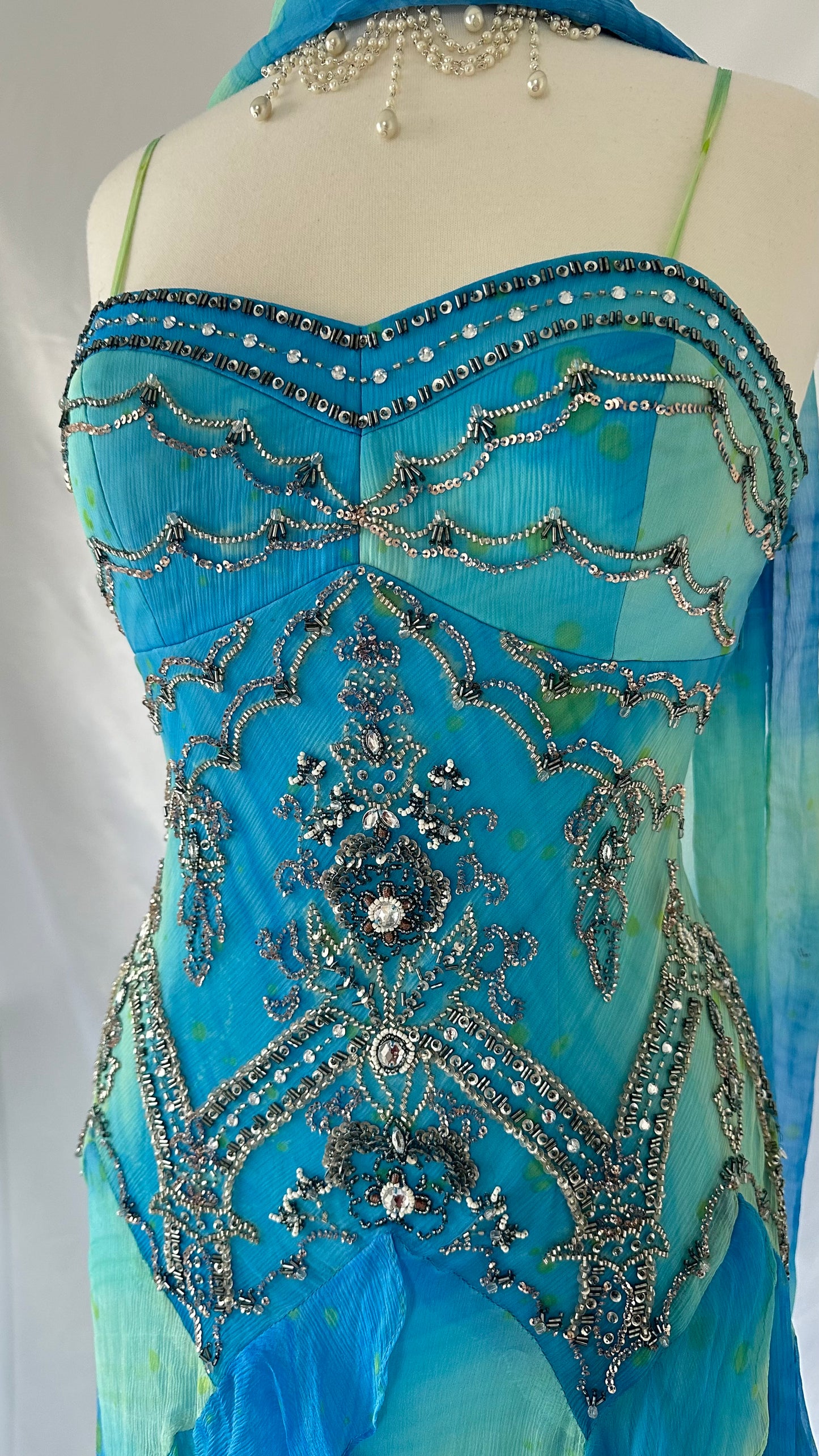Oceana Fantasy Vintage Silk Embellished Dress & Scarf Set