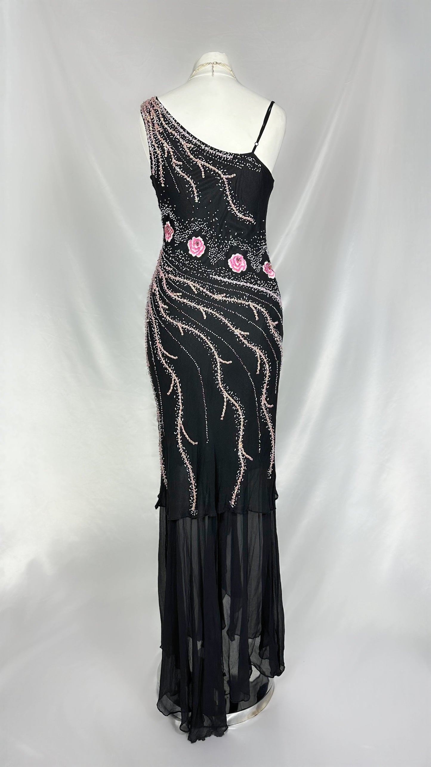 BLACK & PINK FLORAL EMBELLISHED SILK MAXI DRESS