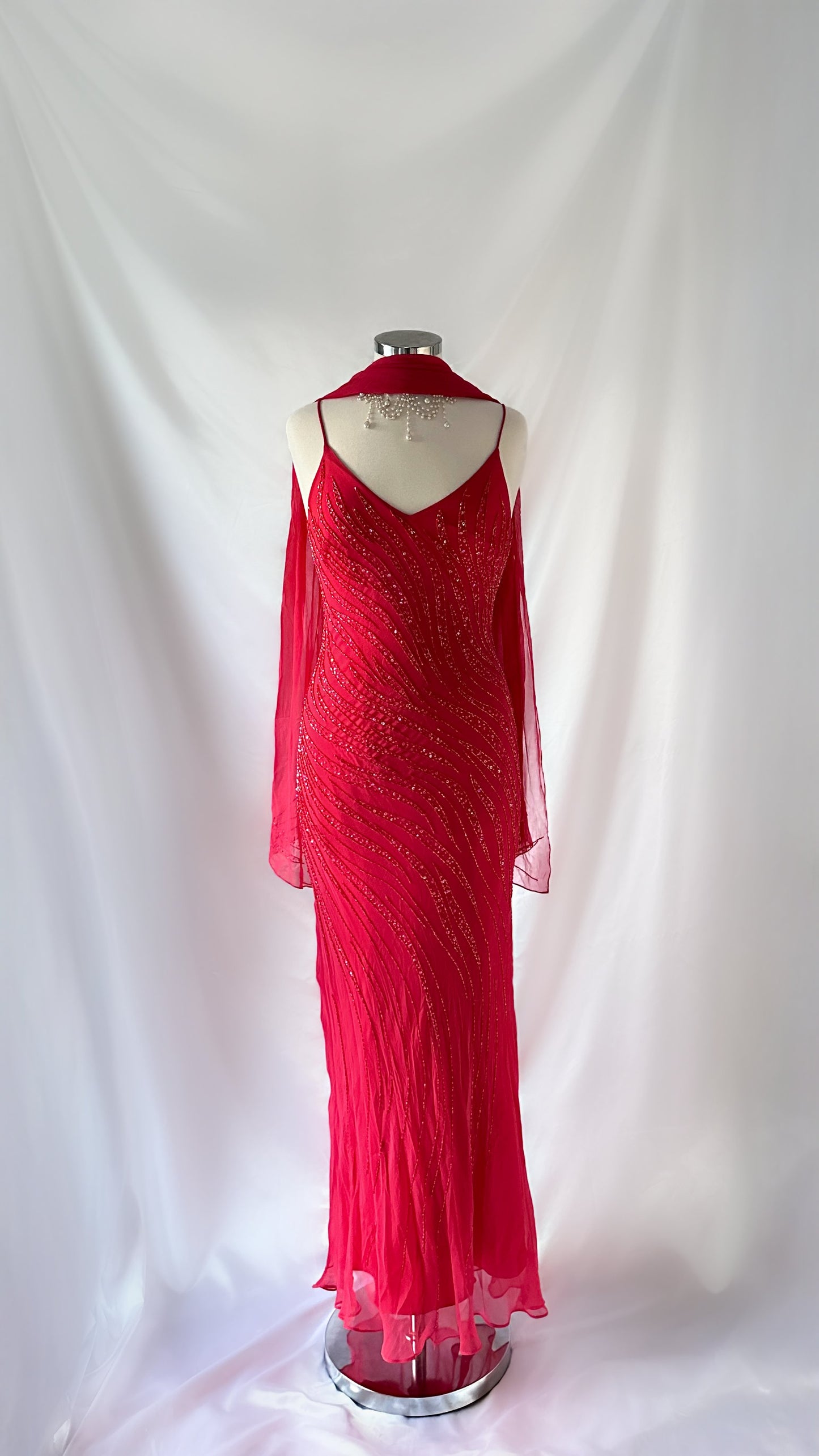 FLAMED ROSE RED EMBELLISHED GOWN & SCARF SEF