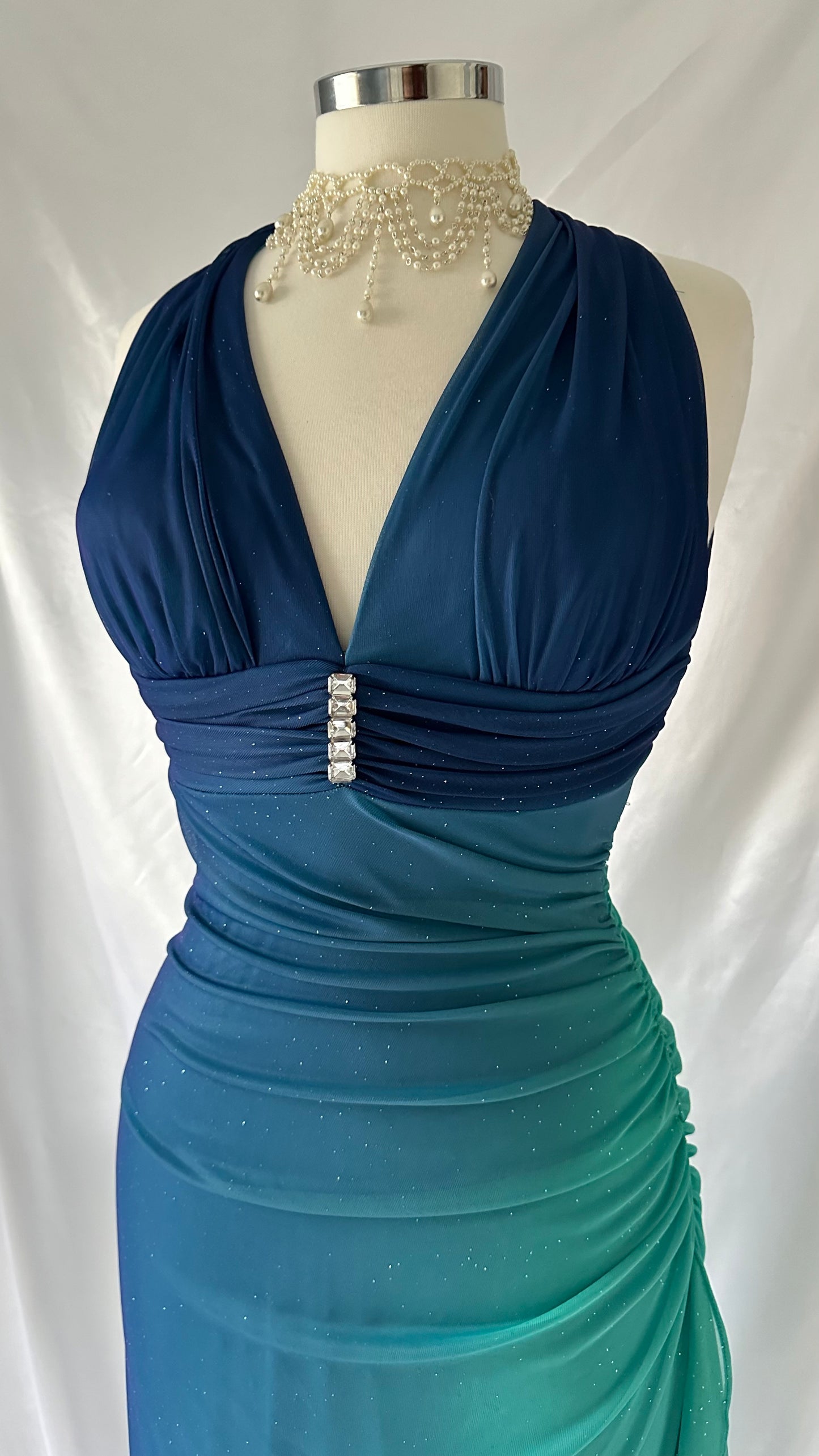 Blue Skies Shimmery Vintage 00s Ombré Halter Neck Maxi Dress