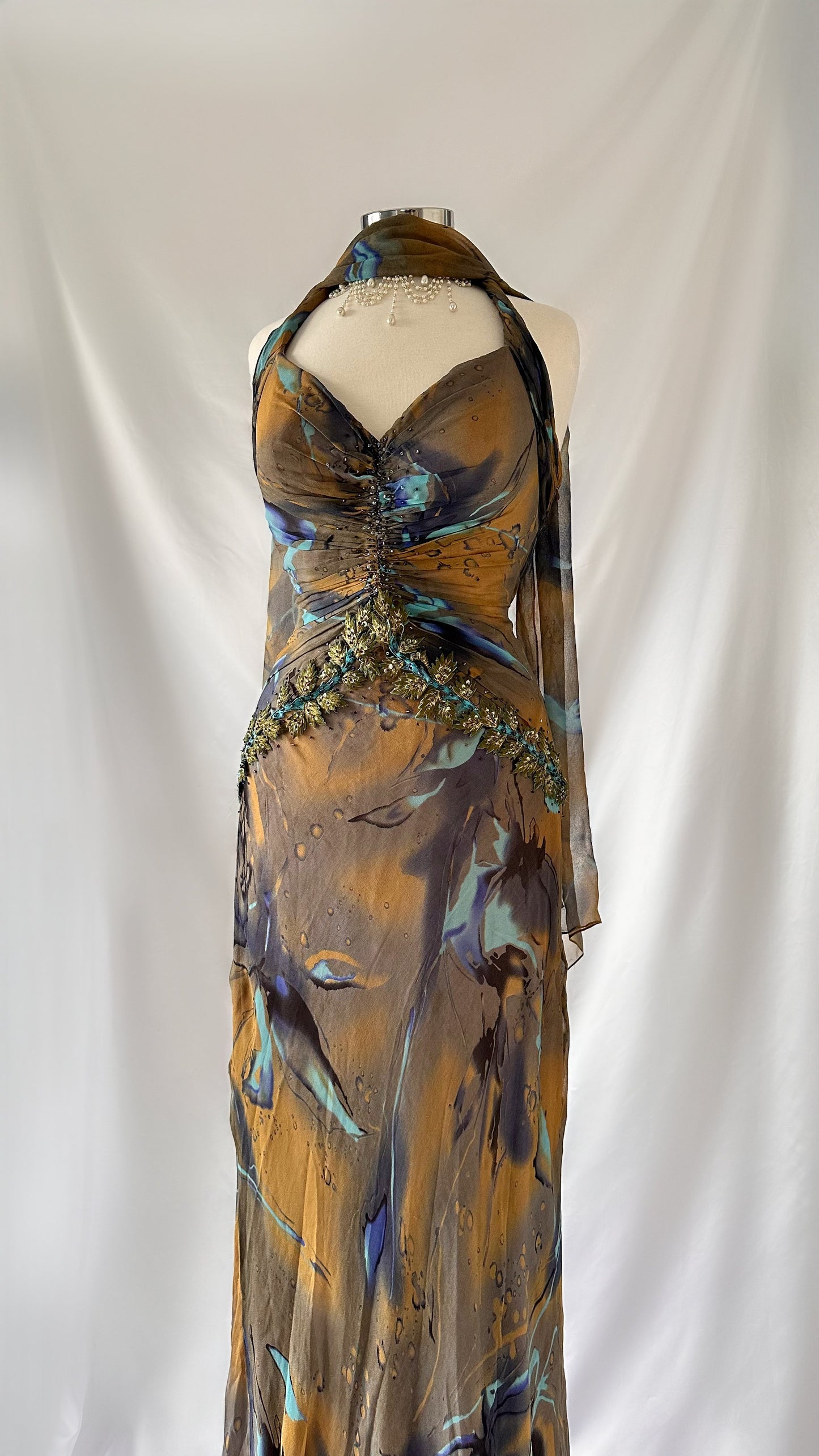 Stunning Vintage Silk Oil Painting Ochre & Blue Embellished Gown With Matching Scarf