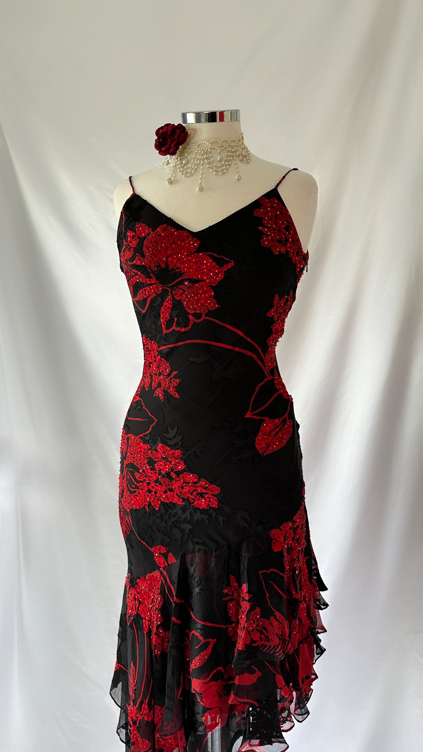 Beautiful 90s Red & Black Silk Devore Floral Midi Dress