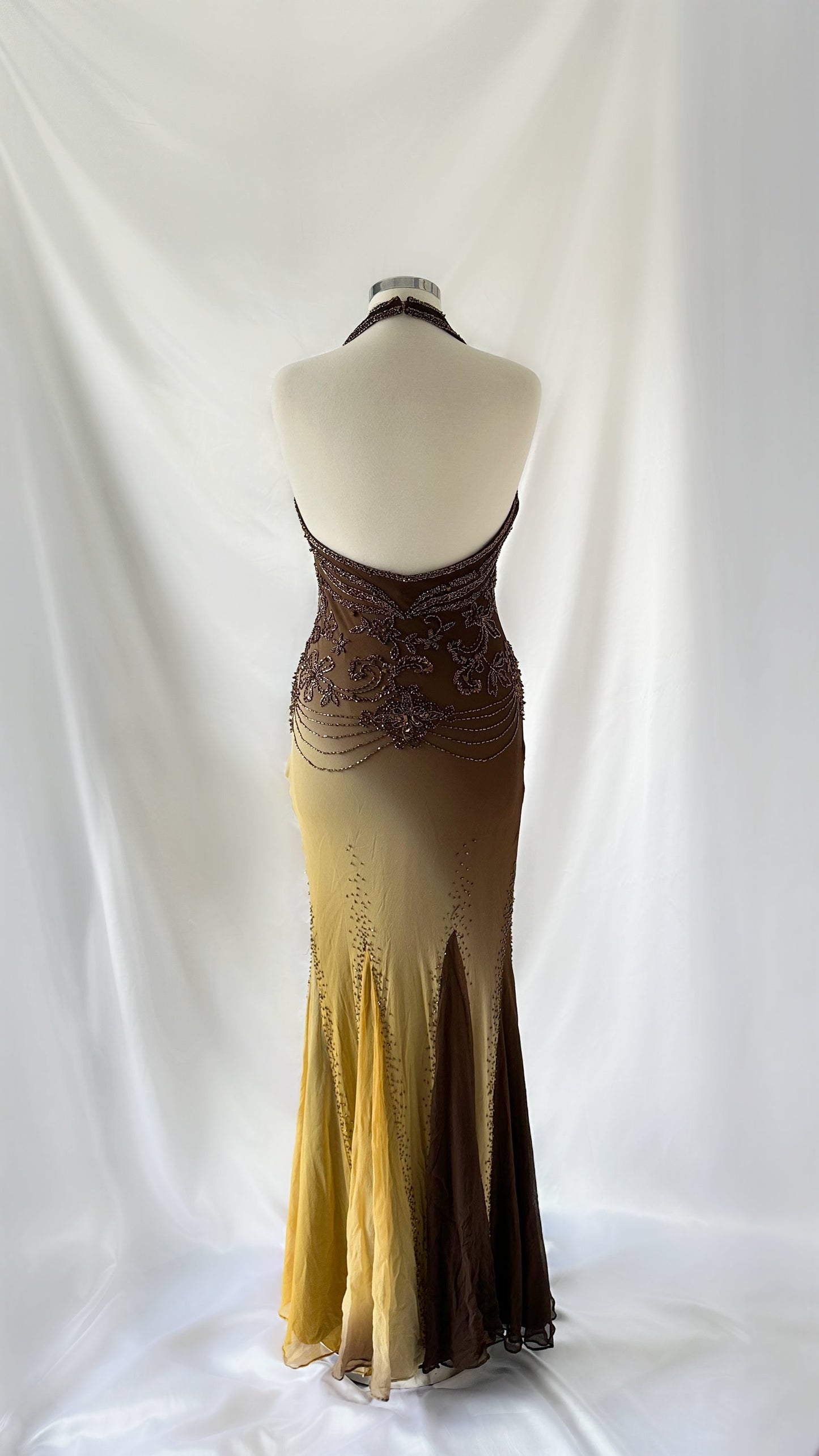 Old Hollywood Vintage Brown & Matte Gold Ombré Silk Embellished Gown