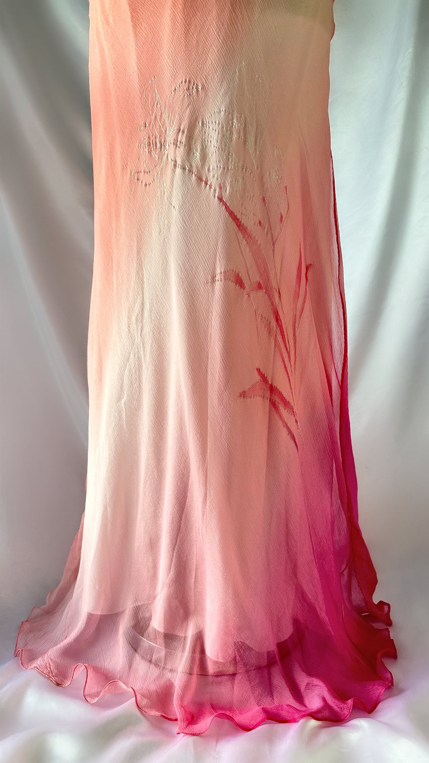 Ethereal 90s Sunset Peach Ombré Floral Silk Gown