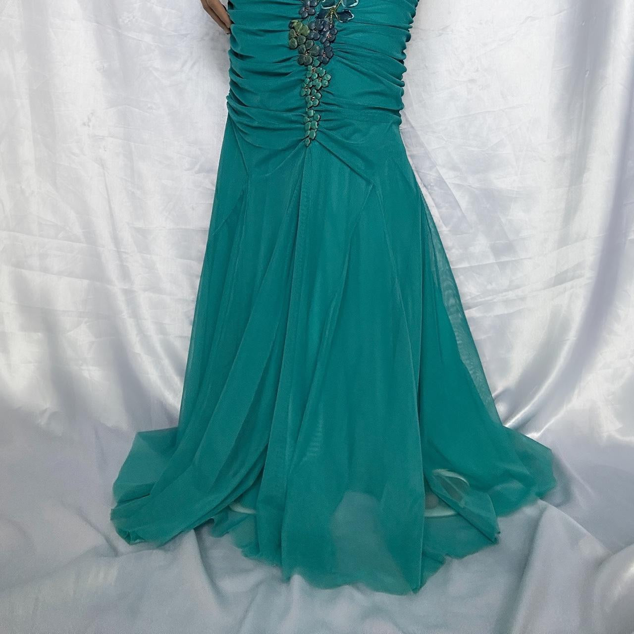 Stunning Vintage 90s Ema Savahl Turquoise Hand Painted Floral Fishtail Gown