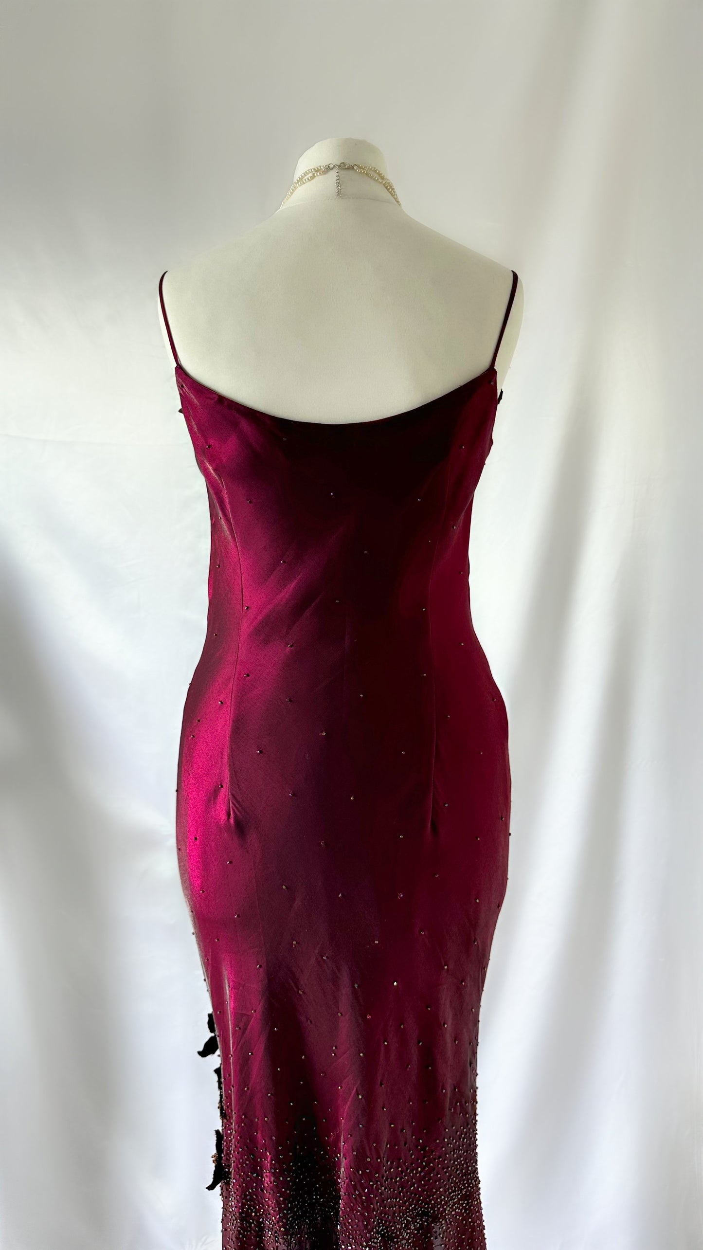 Whimsical 00s Iridescent Burgundy Floral Appliqué Maxi Dress Set