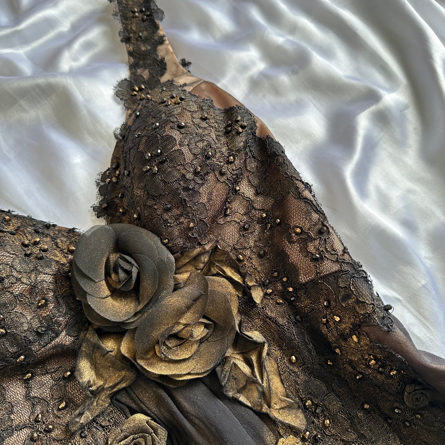 Burnt Golden Embers Vintage Floral Appliqué Bubble Hem Silk Mini Dress