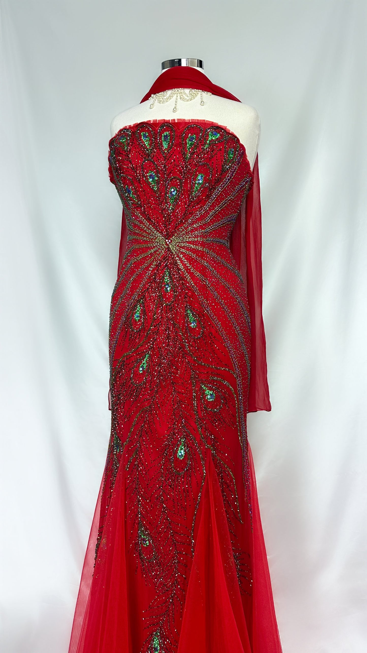 RUBY EMBELLISHED PEACOCK SILK STRAPLESS GOWN WITH MATCHING SCARF