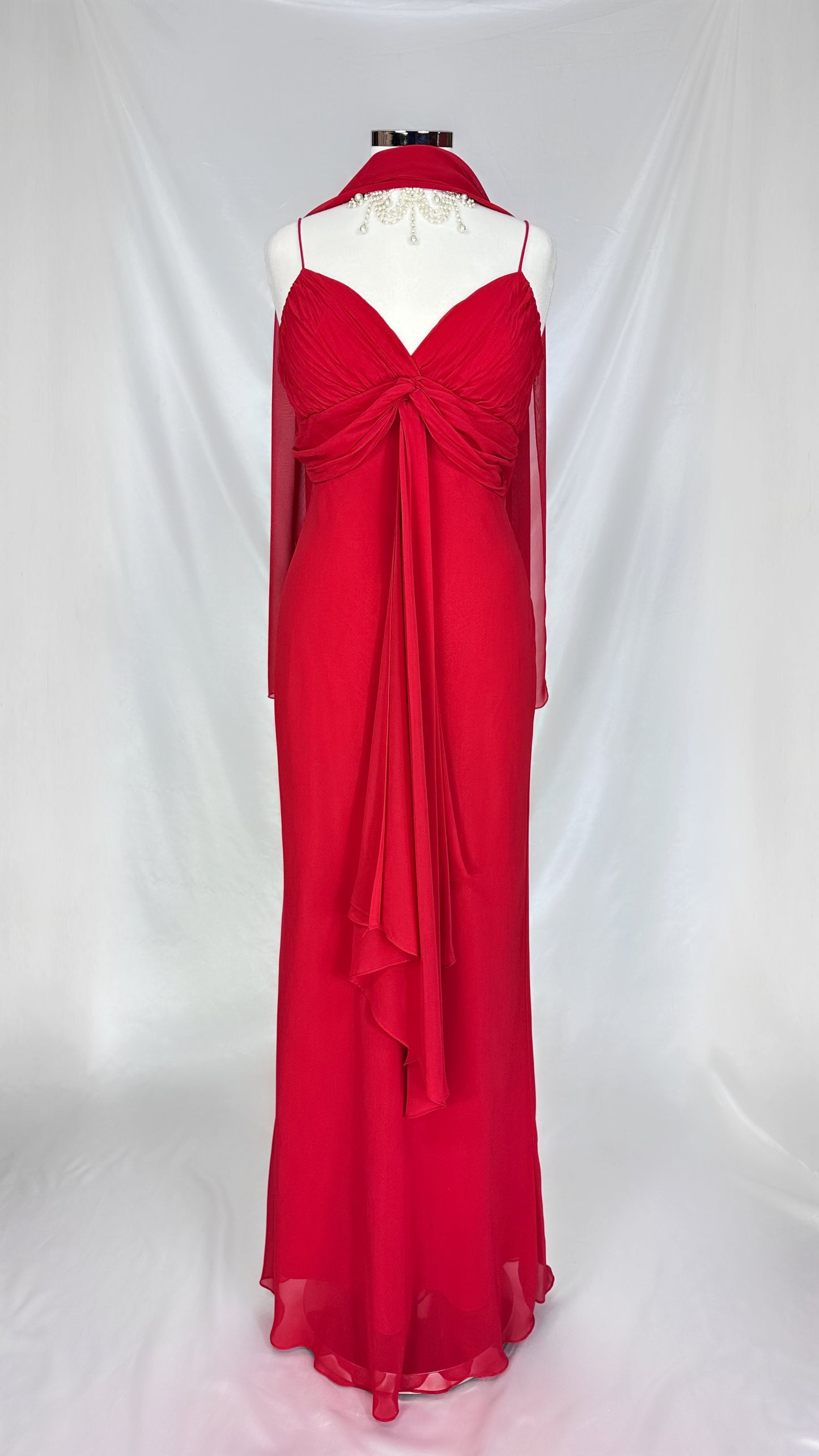 CRIMSON DRAPED BUST MAXI DRESS WITH MATCHING SCARF