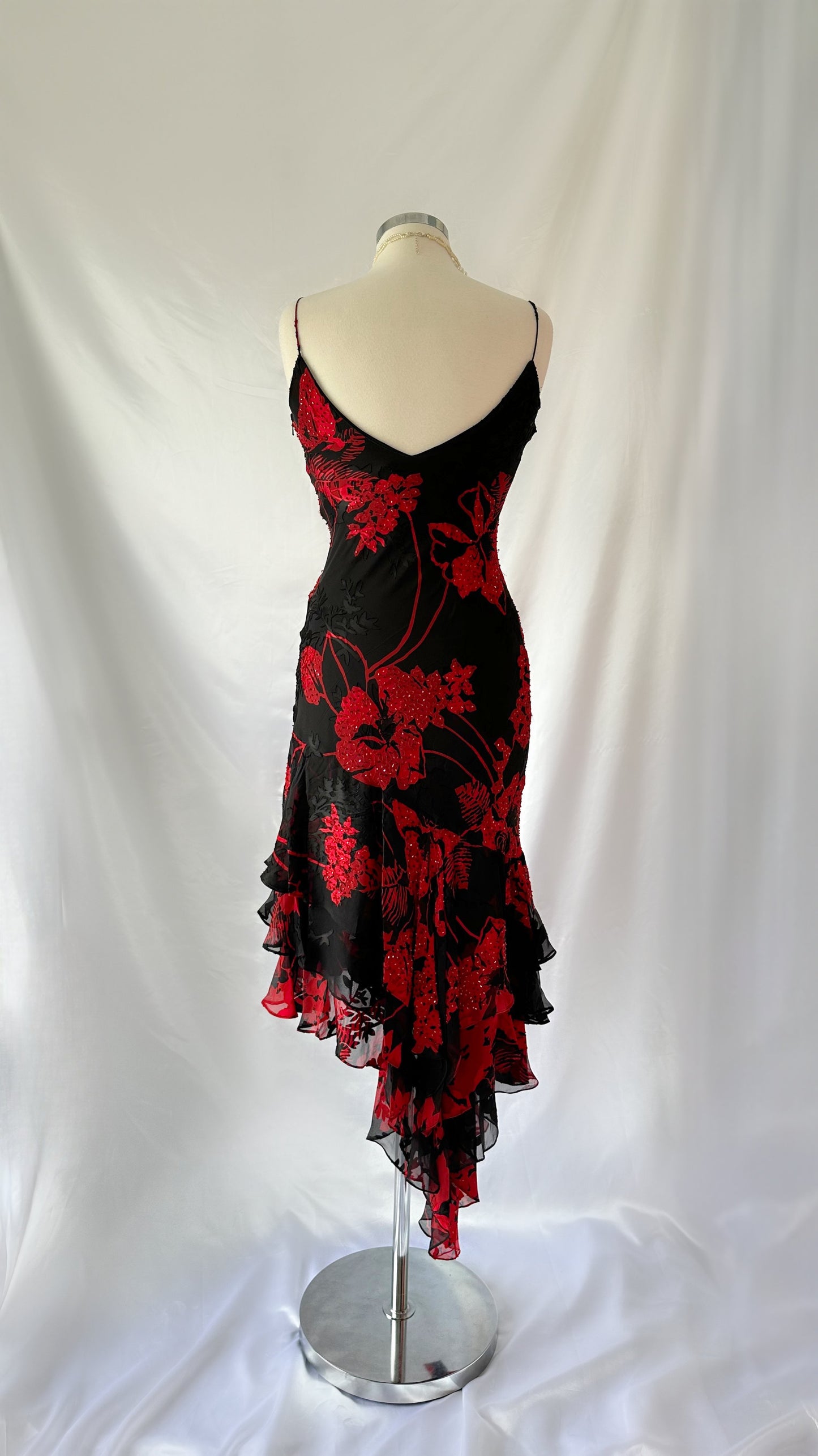 Beautiful 90s Red & Black Silk Devore Floral Midi Dress