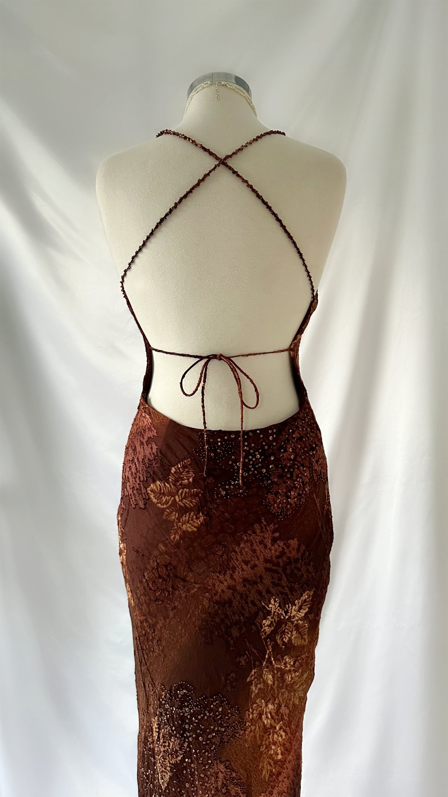 Golden Autumn Leaf 90s Silk Brown & Gold Embellished Backless Gown