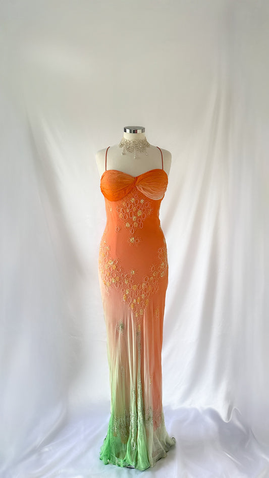Ethereal Tropics 90s Orange Peach & Mint Ombré Embellished Gown