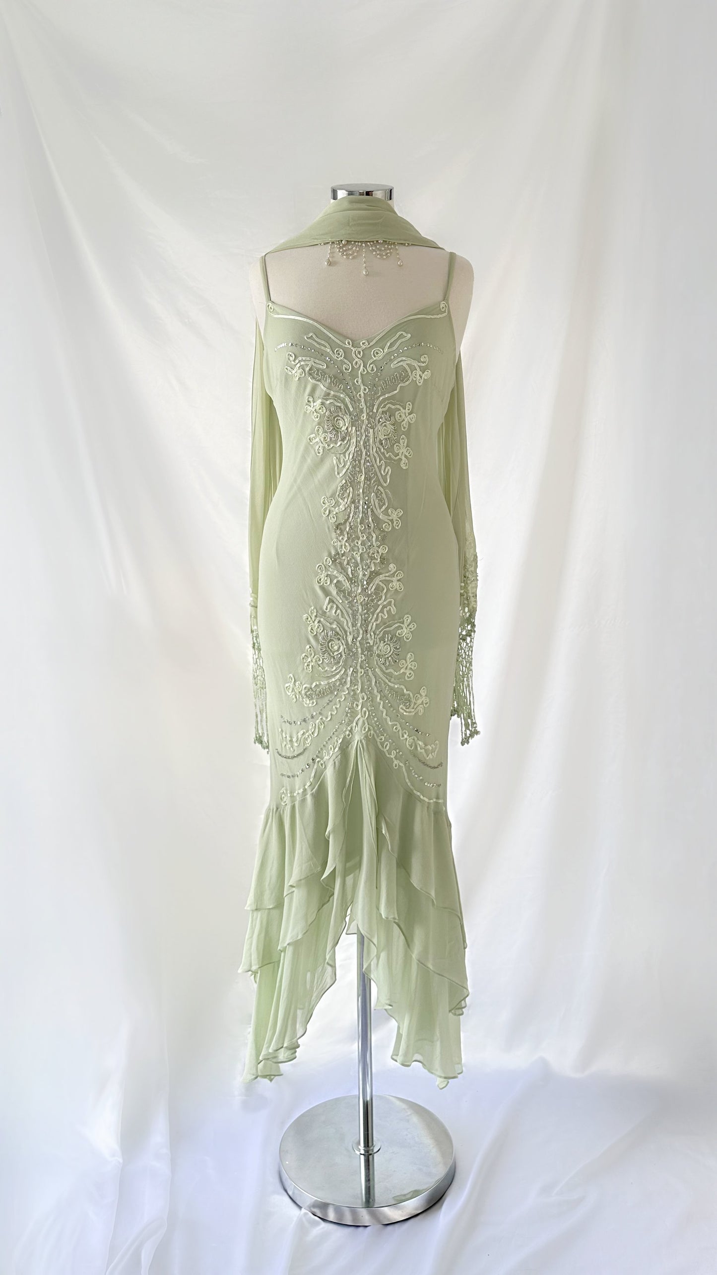 MINT RUFFLE ELEGANCE THREE TIER SILK MIDI DRESS & SCARF SET