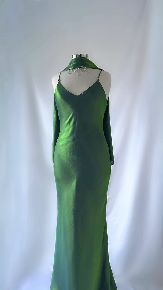 IRIDESCENT SIREN GREEN BACKLESS GOWN & SCARF SET