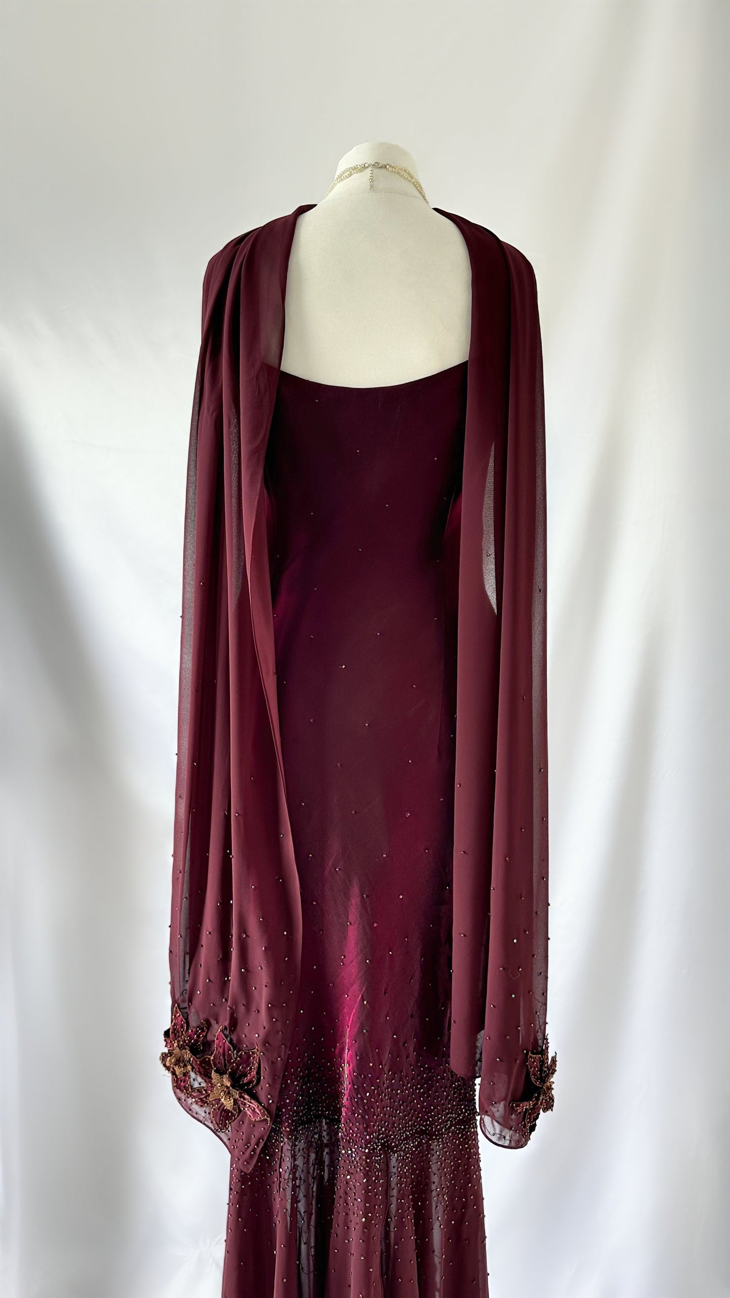 Whimsical 00s Iridescent Burgundy Floral Appliqué Maxi Dress Set