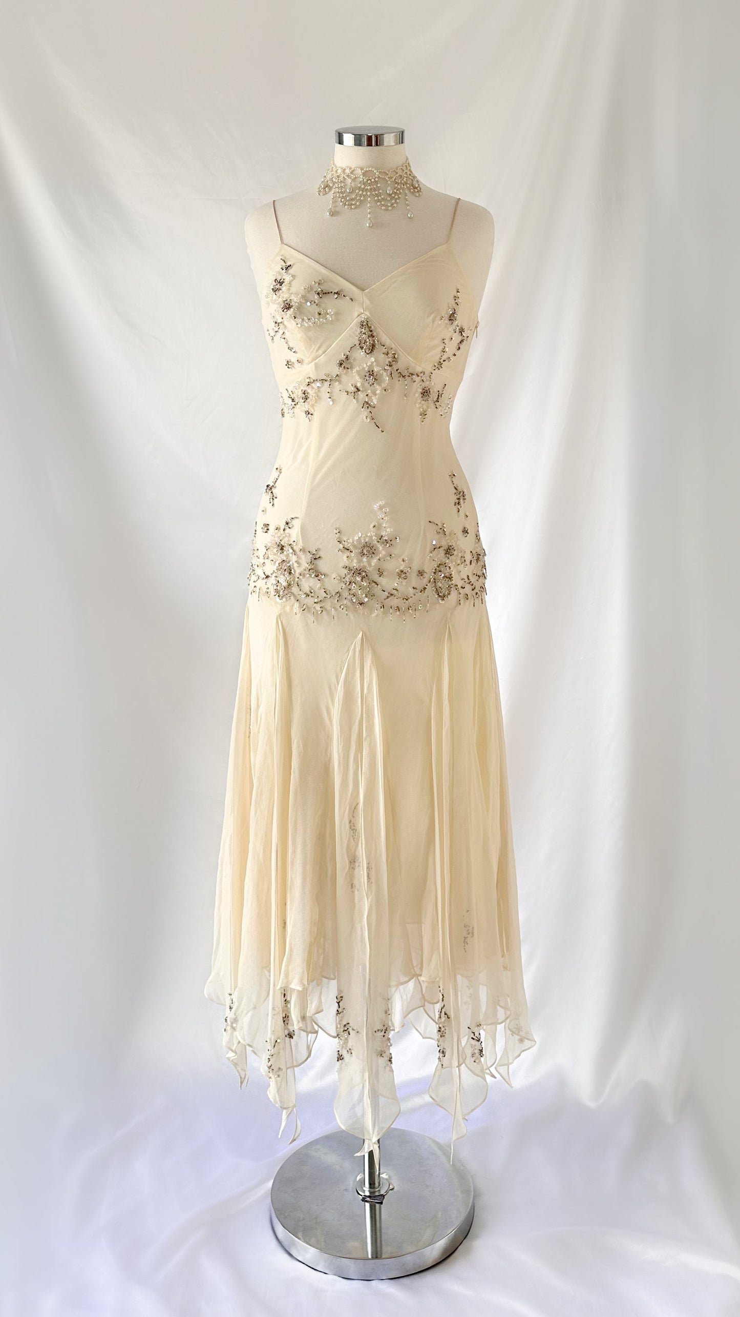 ETHEREAL EMBELLISHED IVORY SILK DRESS WITH MATCHING SCARF