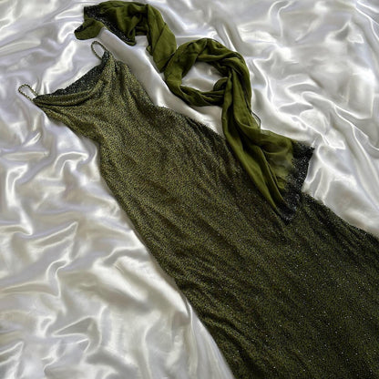 Enchanting Green Silk Highly Embellished Gown with Matching Shawl (S)